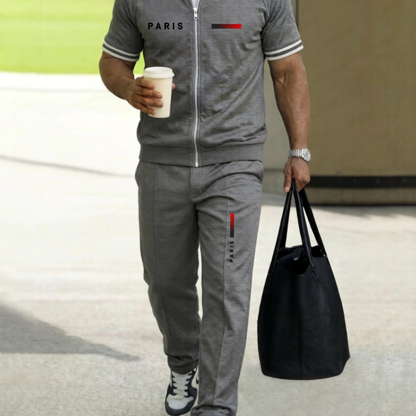 Image of 2pcs Set: Men's Casual Sportswear - Baseball Collar Short-sleeve Jacket And Drawstring Pants (multiple Colors ), Plus Size