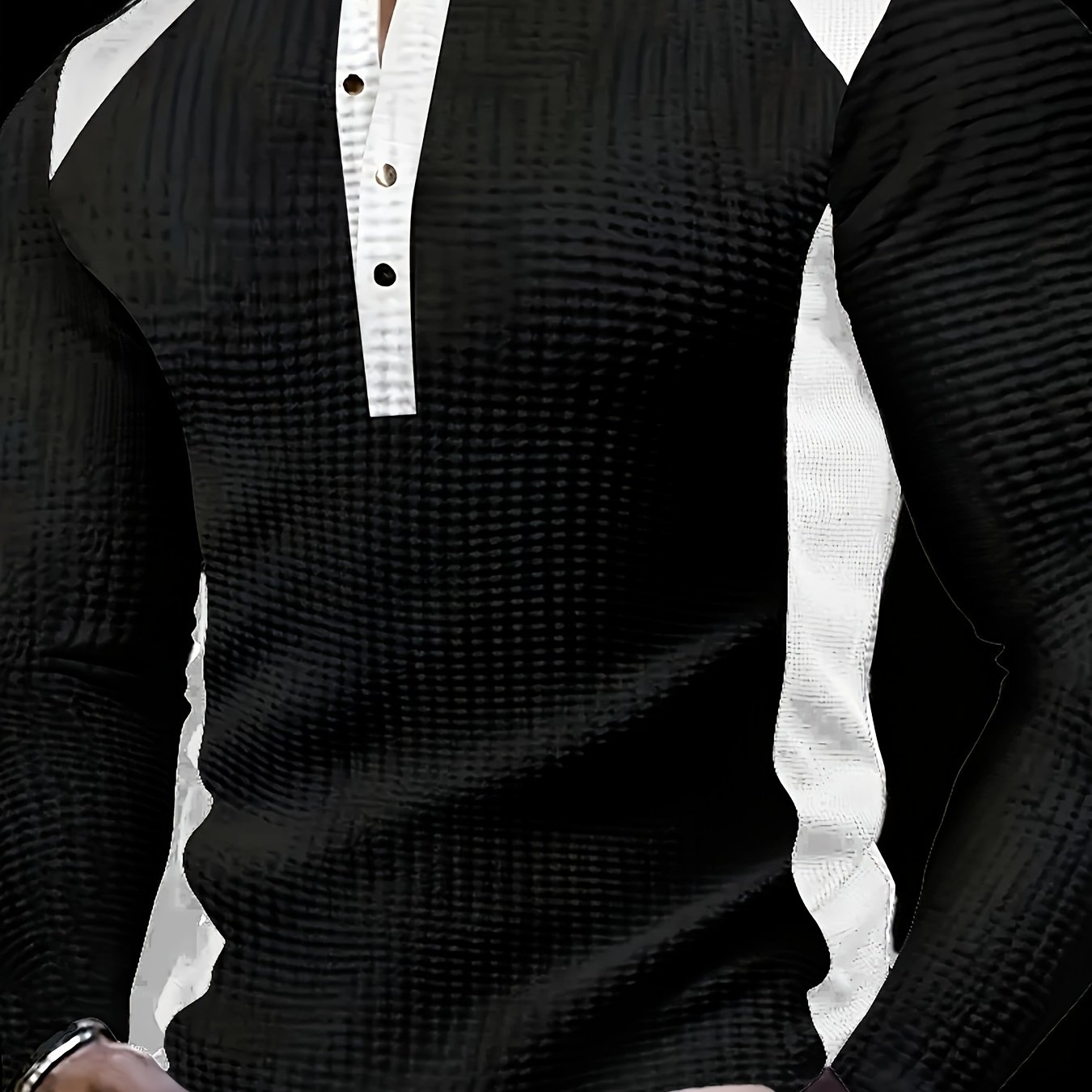 TEMU 1pc Men's Fashion Casual Business Long Sleeve Henley Shirt | -block Large Waffle Check Jacquard Henley Collar T-shirt | Essential For Golf And |