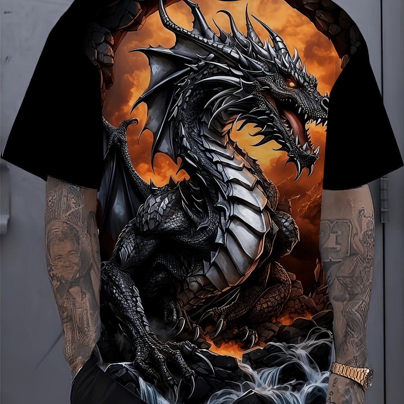 TEMU Men's Plus Size T-shirt 9xl, Domineering Pattern With Orange Flame Background 3d Print, Loose Fit Dark , Relaxed Casual, Trendy, Plus Size