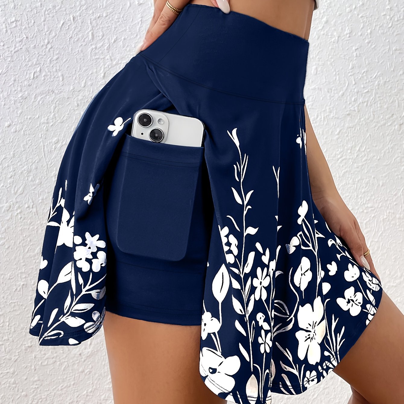 Image of Women's High-waisted Skirt Pants With Phone Pocket, Casual Skirt Pants With Minimalist Floral Print, Elastic Waistband, Mid- Washable Fabric, For Home, Party, Outdoor, Fitness, , Spring/summer