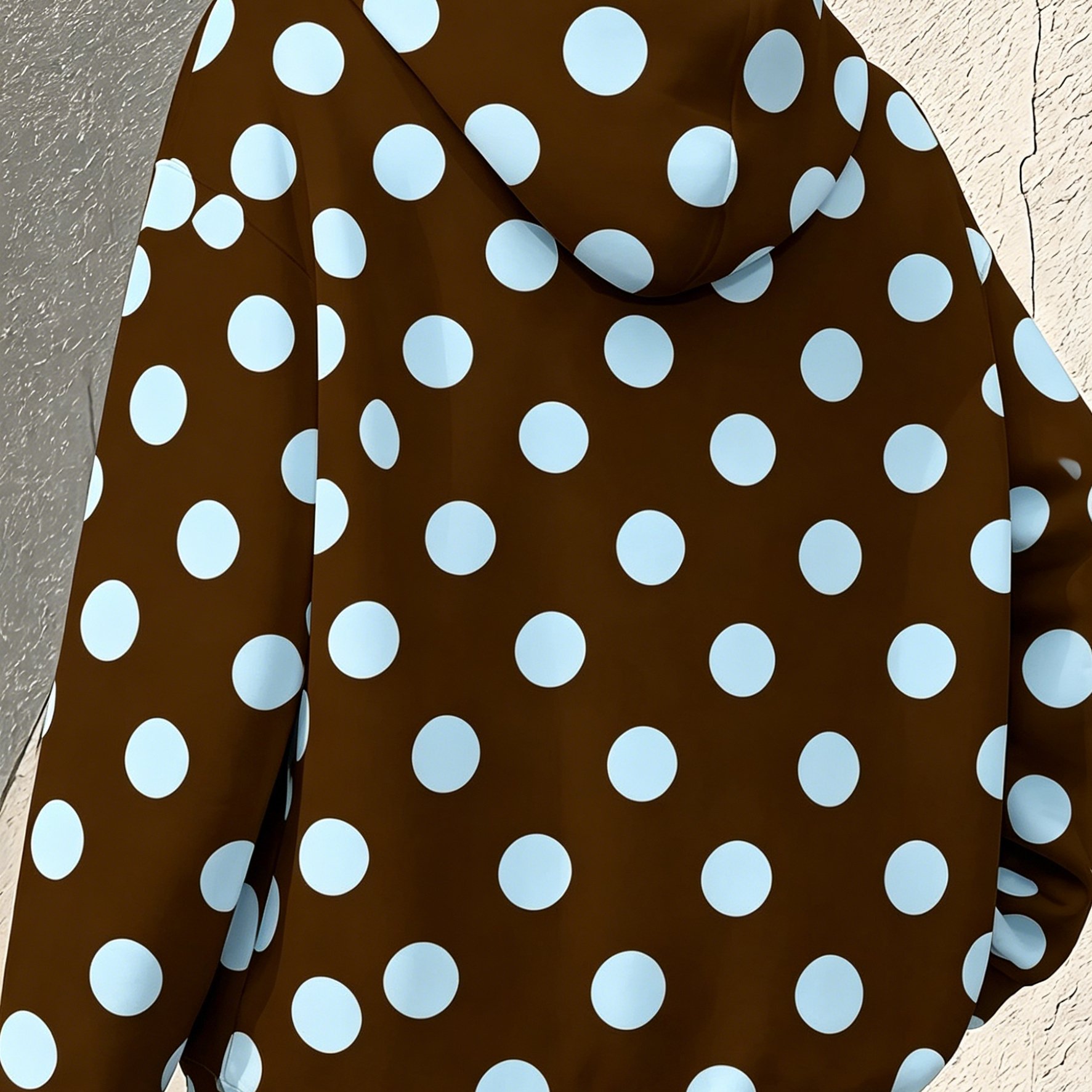 TEMU Plus Size - Brown Base Light Blue Polka Dot Zipper Hooded Sweatshirt Women's Spring Autumn Loose Casual All-match Jacket