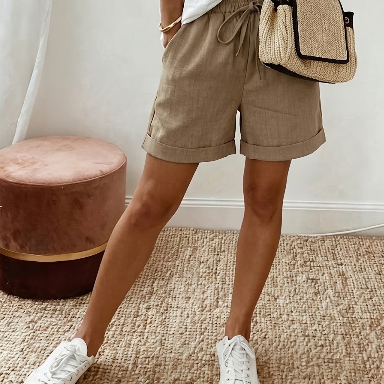 TEMU Elegant Wide-leg Shorts - Relaxed Fit Short Wide Pants With Medium Elasticity, Solid Color Suitable For - Wear, Machine Washable For, Casual,