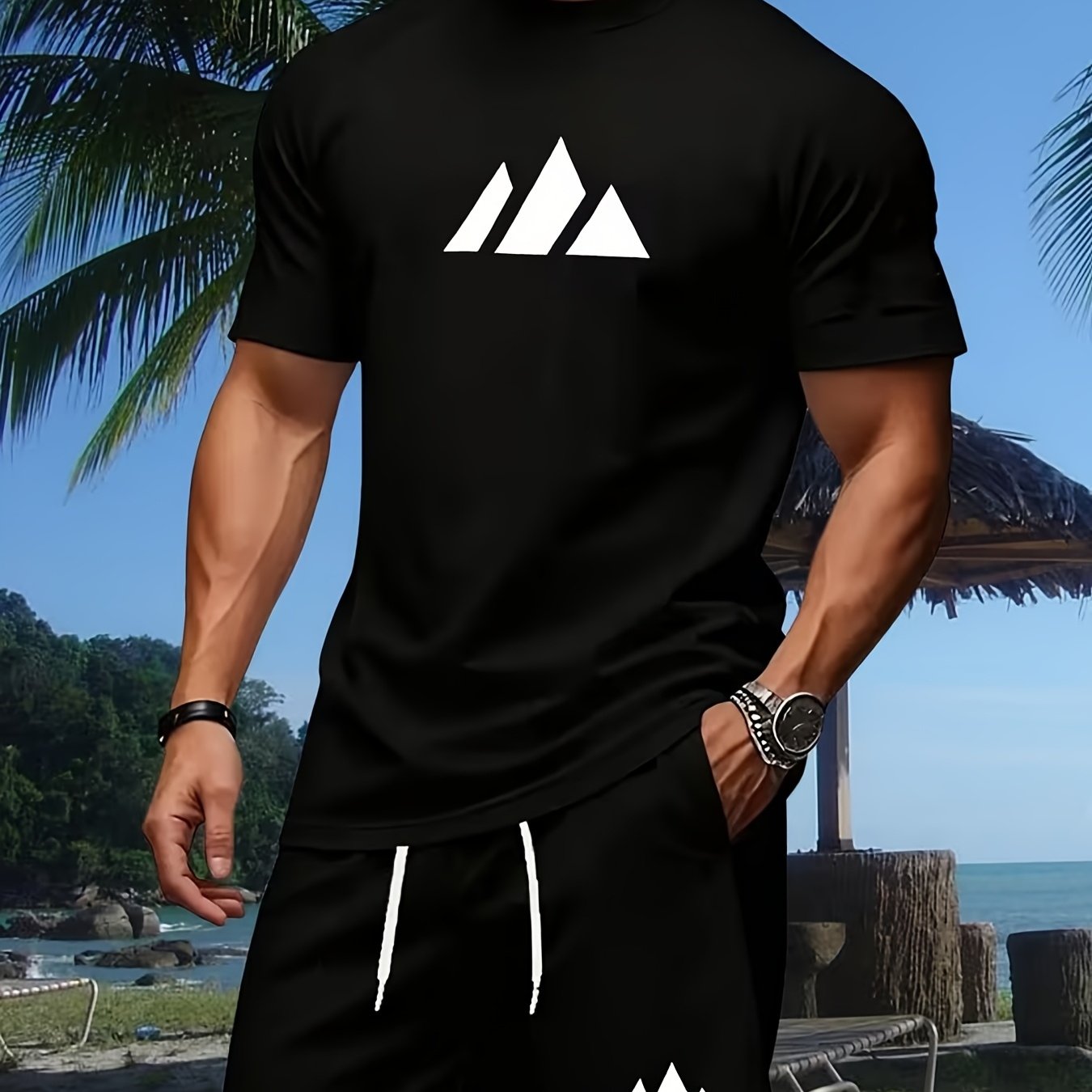 TEMU Men's Casual Sports Set | 2026 Trendy Short-sleeved T-shirt And Shorts With Geometric Print | Crew Neck, Slight Stretch Fabric, Perfect For