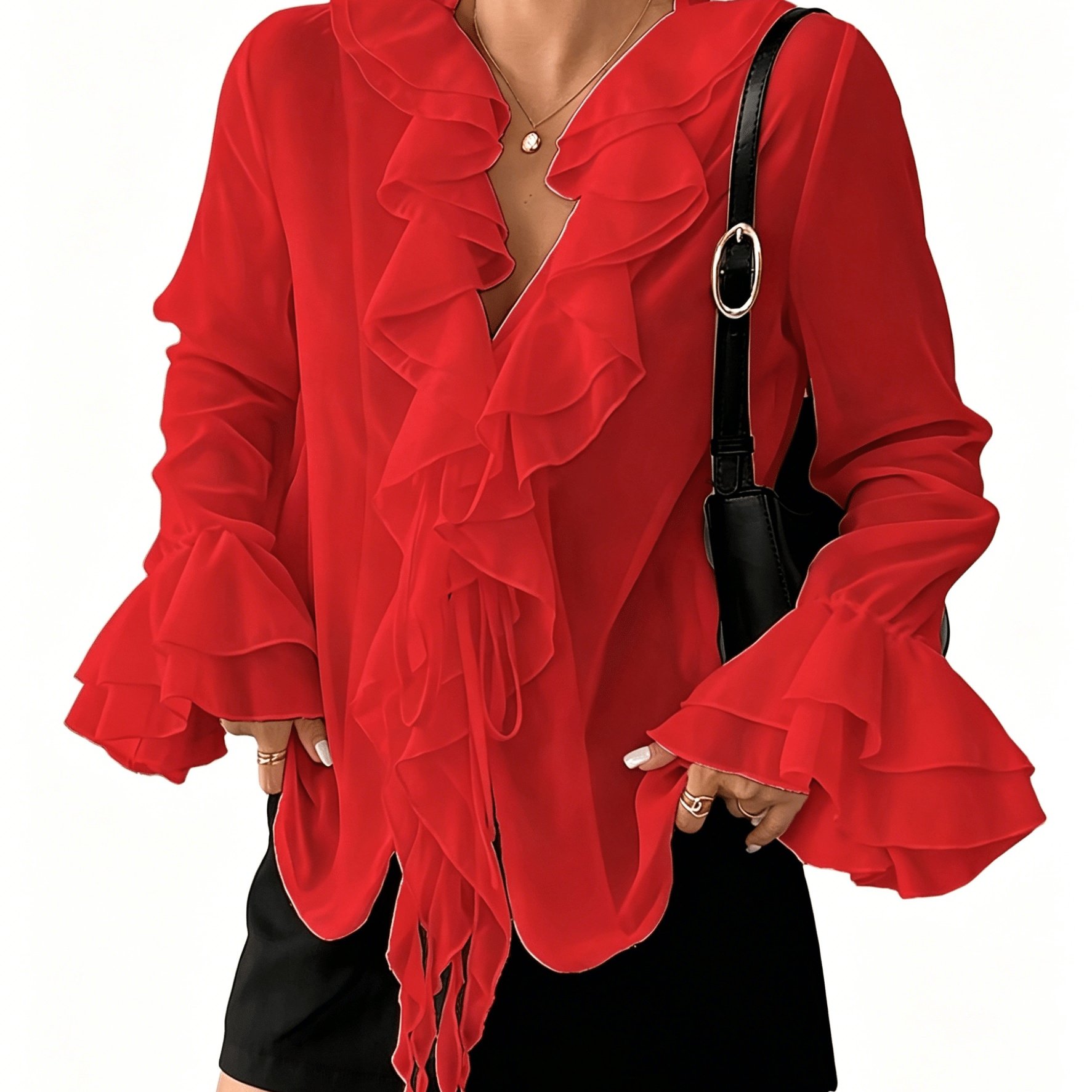TEMU Elegant Direction 2026 Fall/winter New Arrival: Women'-style Double-layer Ruffle V-neck Long-sleeve Blouse. With A Gentle Tie Detail, With