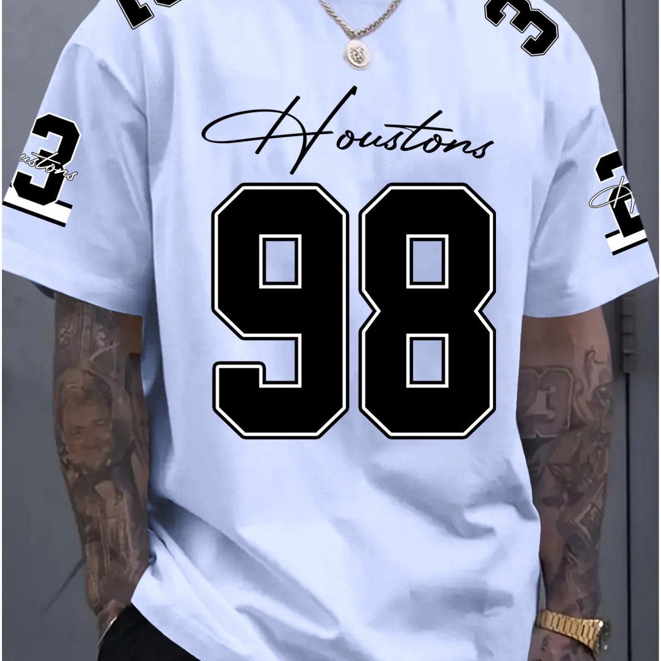 TEMU [printed Design – Not Textured/embroidery/sequins] Men's Athletic T-shirt! Light Social/casual Outing , "houston City And 98th Athletic Number"