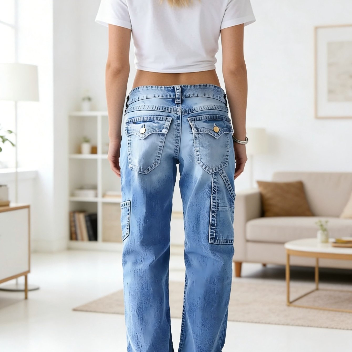 Image of Jeans | Casual Utility Wide-leg Jeans - Light Blue Washed High-waisted With Cargo Pockets. Versatile For Street/ Looks, With Slides Effortlessly.