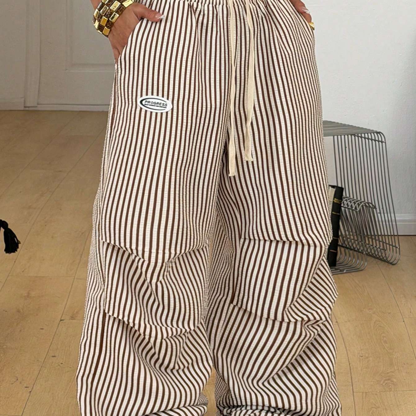 TEMU Women's Summer Basic Striped Wide-leg Jogger Pants