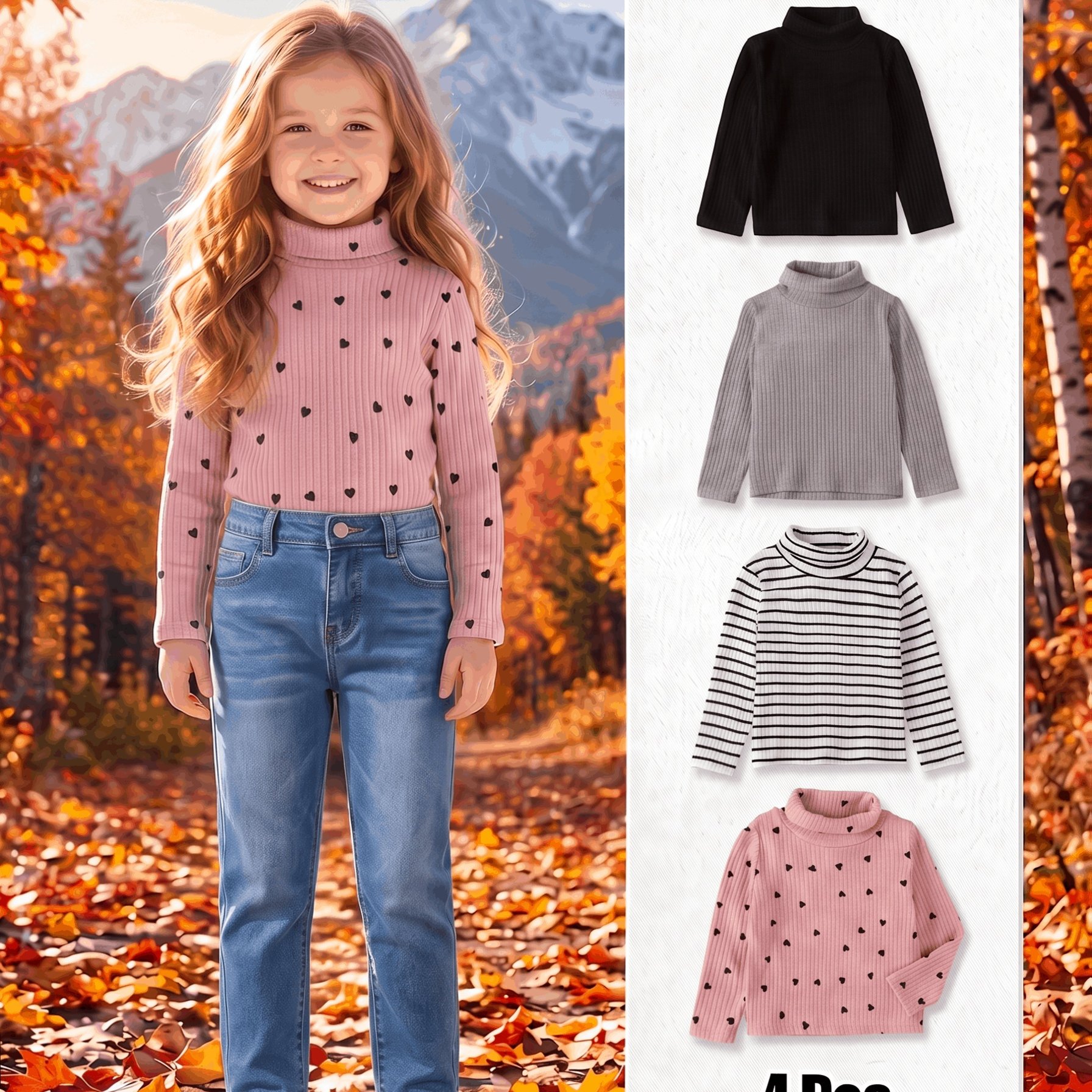 Spring/autumn Girls' High-neck Stylish Versatile Pullover Sweater 4pcs Set