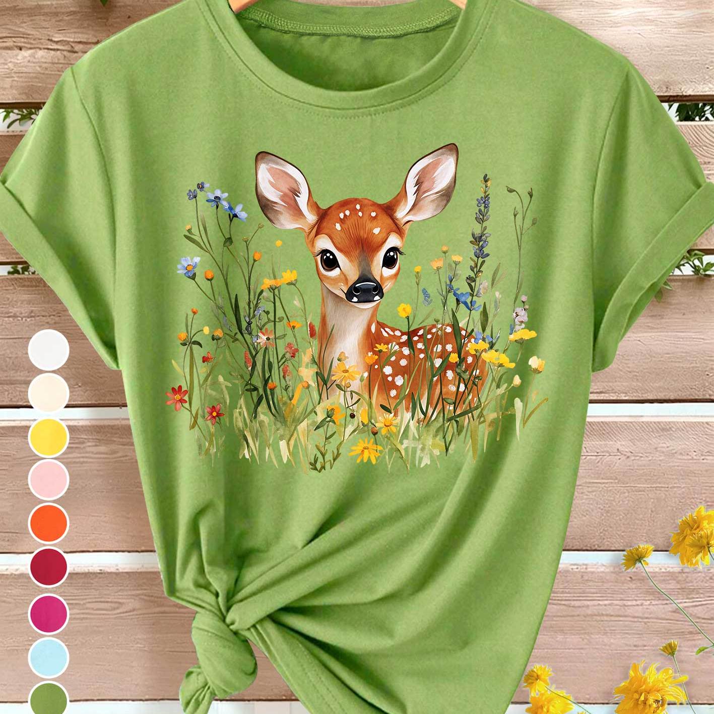 TEMU Summer New Plus Size T-shirt Women's Watercolor Fawn Print Spring Summer Fall Elegant Retro Style Loose Fit Versatile Casual Athletic Soft
