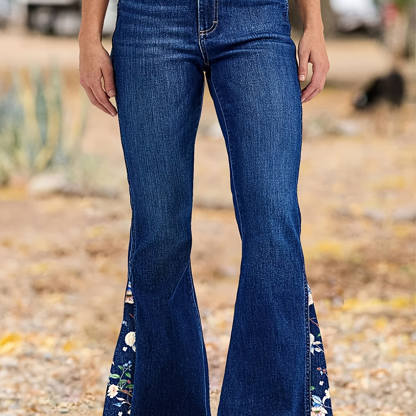 Image of Women's Blue Flare Jeans With Floral Print | Elegant, Medium Stretch, Zipper Fly, , , Suitable For Weekend Casual And Dating Outfits