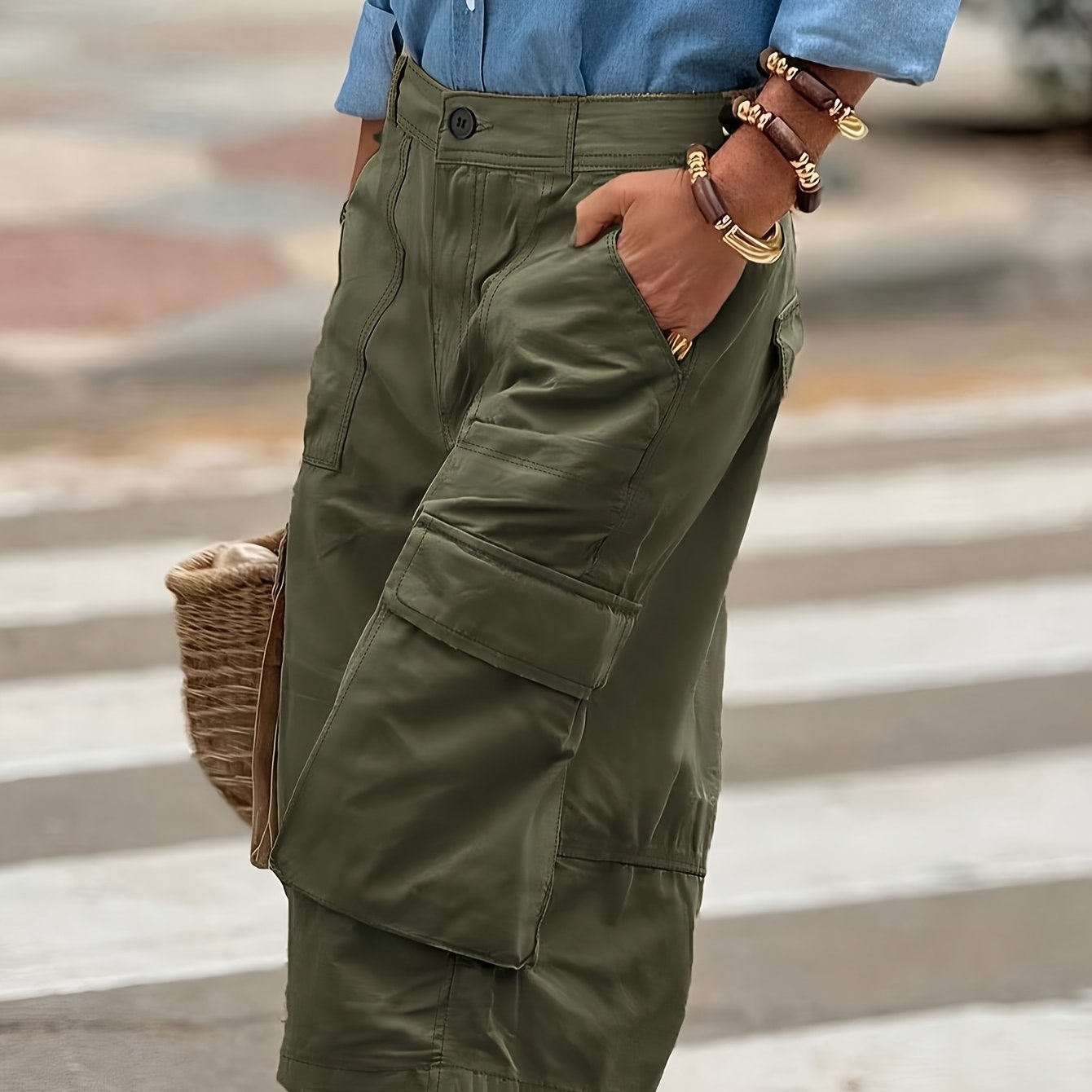 TEMU Women's Fashionable Cargo Pants, Casual Loose-, Solid-color Straight-leg Pants With Multiple Pockets, Suitable For Daily Wear