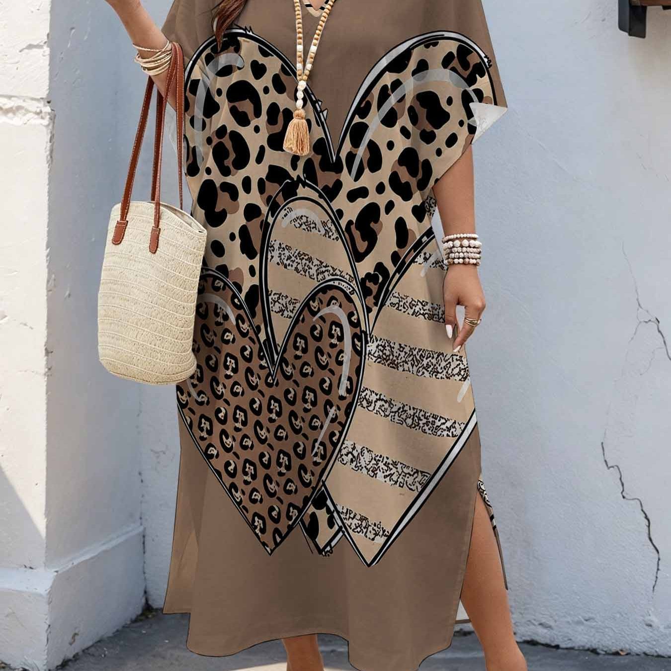 Image of Plus Size Women's 08xl Fashionable Chic Style, Leopard Heart And Striped Print Maxi Dress, V-neck Batwing Sleeve Dress With Double Side Slits, Loose Casual Summer Dress For Curvy Women