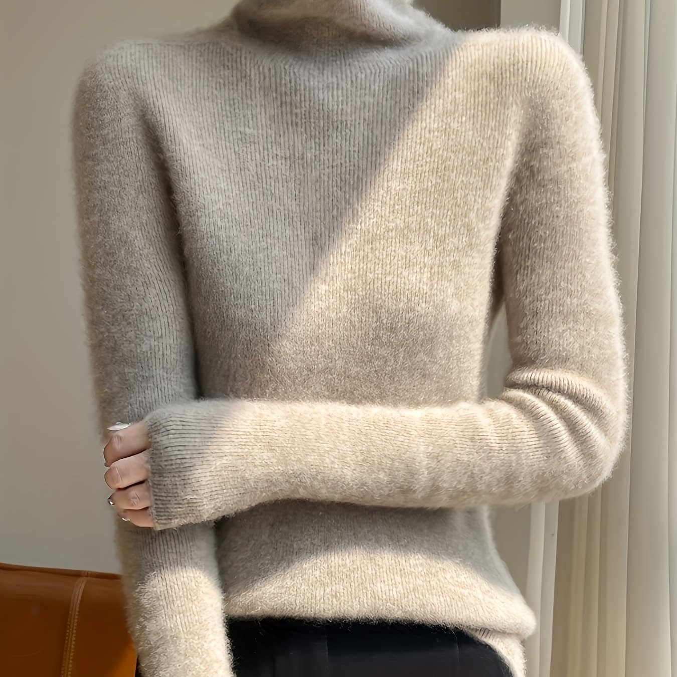 TEMU Autumn/winter Women's High Neck Sweater, Casual Soft Pullover, Stretchy Knitwear, Elegant Slim-fit Basic Sweater For Women