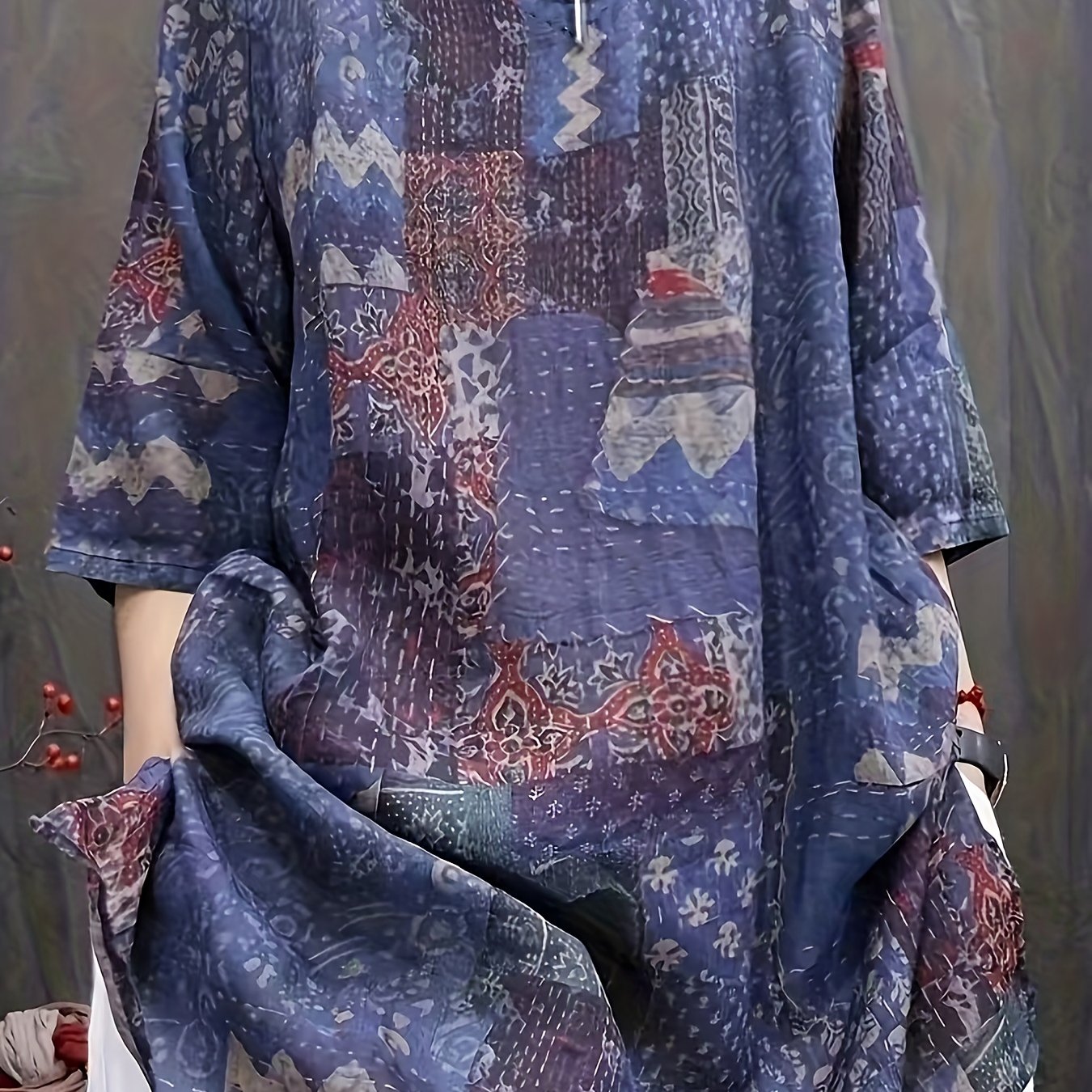 Image of Plus Size, Women' Loose-fit Soft V-neck Blouse - Lightweight Summer & Loose-fit Long Sleeve Top With Print, Casual To Semi-formal Shirts Suitable For, Office Events & Daily Wear