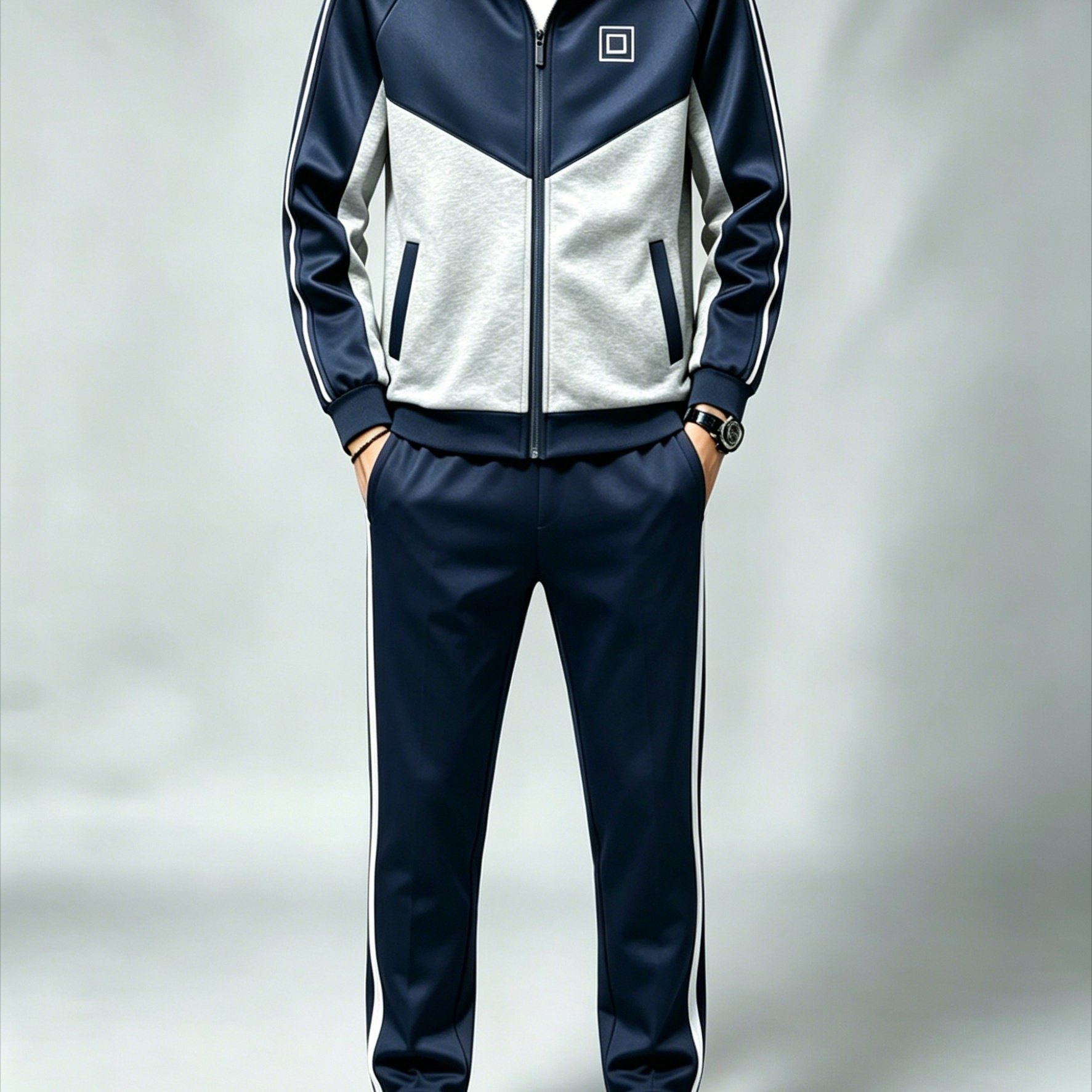 Image of Men's Stand Collar Cardigan Sports Set, Casual 2pcs Outfit With Color Block And Side Stripes, Polyester Fabric
