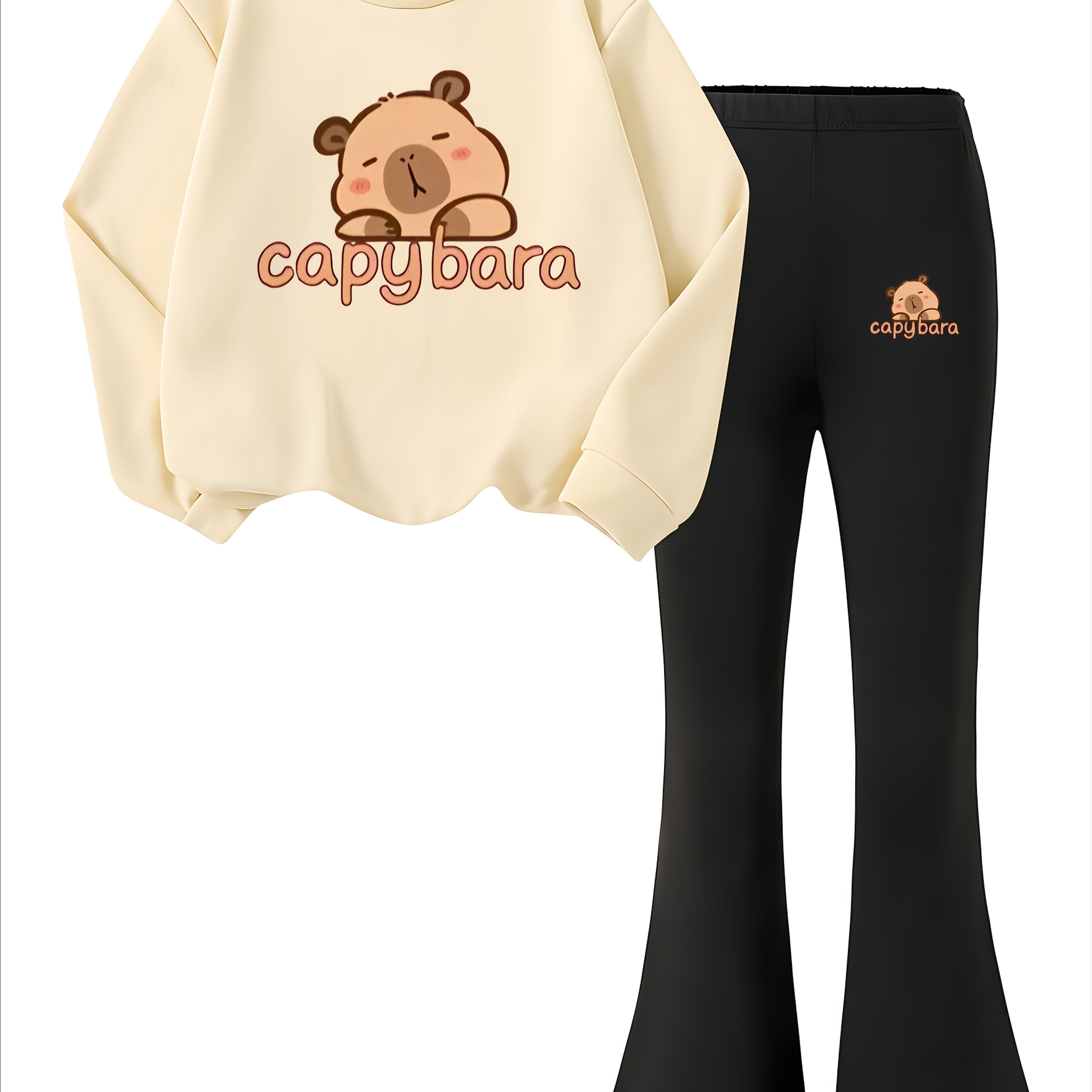 Image of Girl's Creative And Capybara Print Sweatshirt And Pants Set, Kids' Fashion Flared Pants, Trendy Casual Outdoor Long-sleeve Pullover, Loose 2pcs Set For Spring And Autumn, Perfect For Outdoor