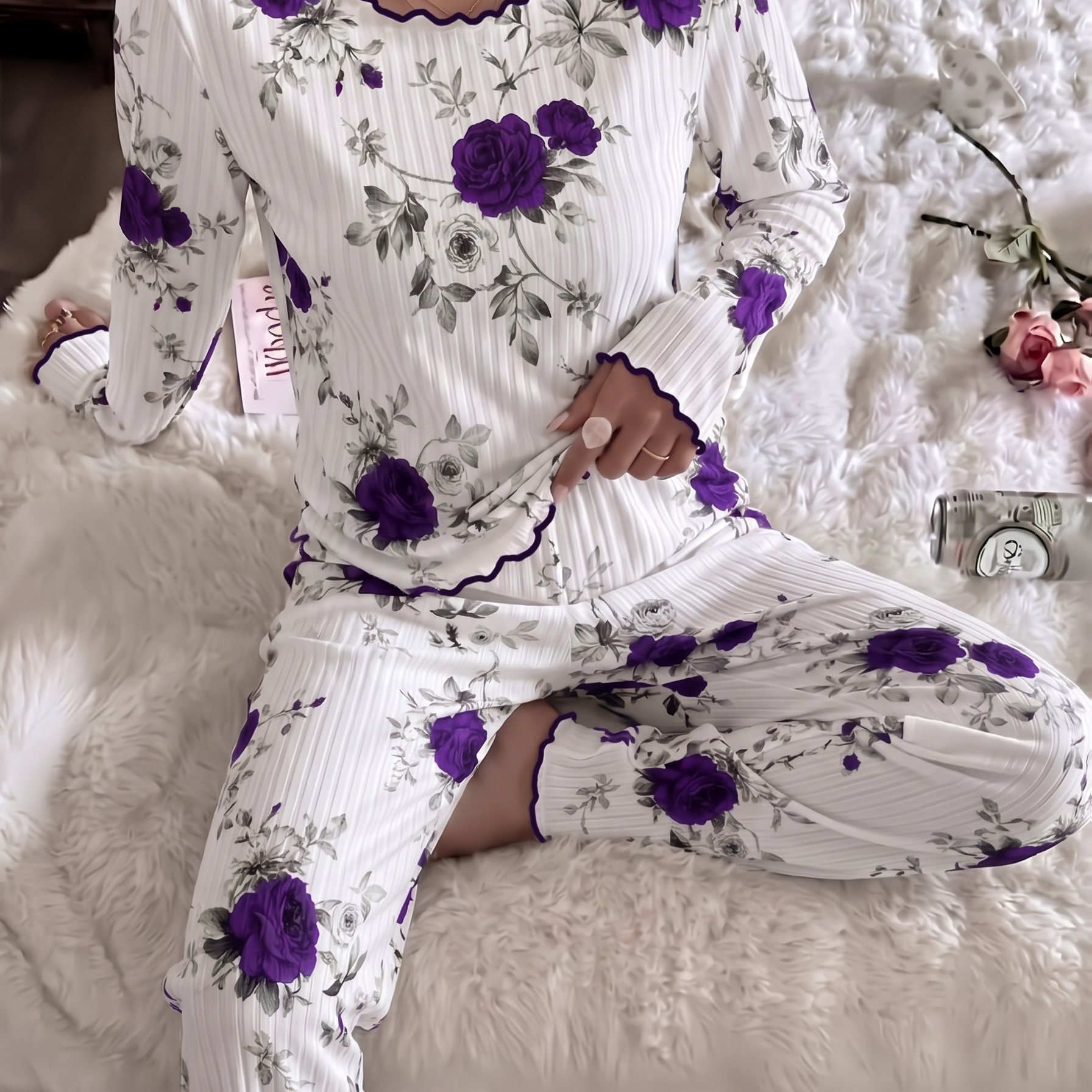 TEMU Fall Winter Warm Women' 2pcs Ribbed Pajama Set, Ins Trendy Crew Neck Long Sleeve Top With Floral Print, Waist Lounge Pants, Valentine' New Year