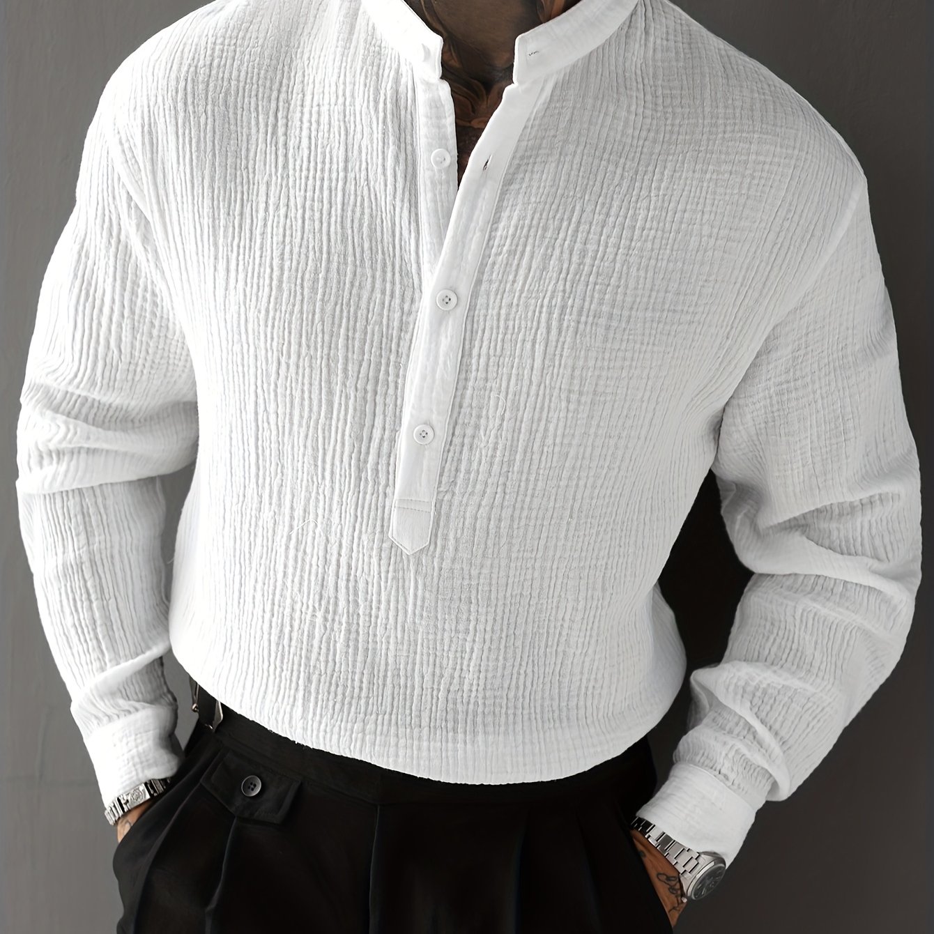Men's Distressed Open-cuff Casual Long Sleeve Shirt, Clean-fit Textured Stand Collar Top With Half-button Design, Versatile Daily Wear