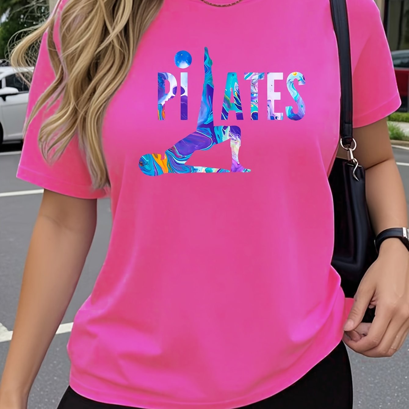 TEMU Maglietta a maniche corte da donna, confezione singola, design e , motivo stampato divertente per pilates e yoga, top traspirante elasticizzato