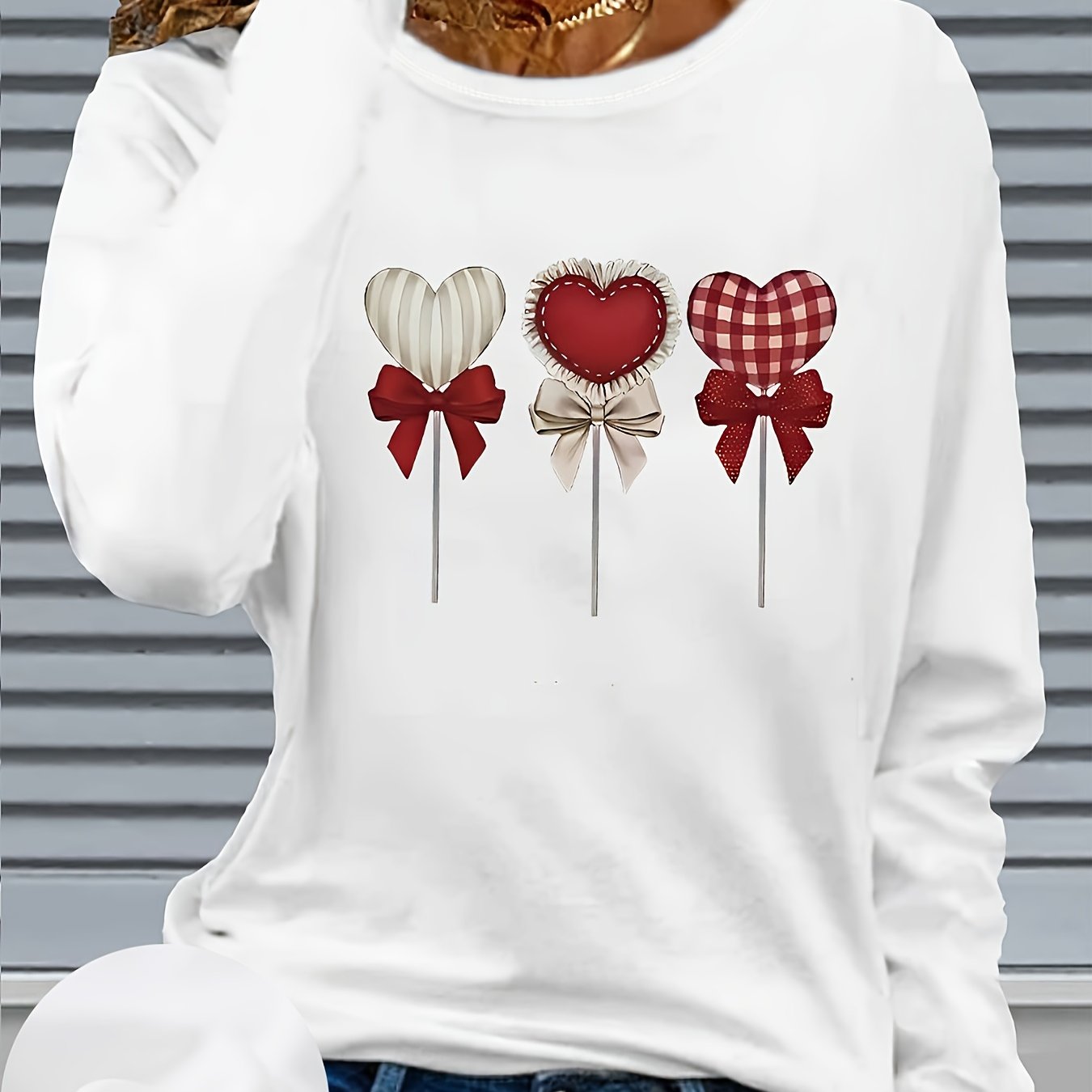 TEMU Plus Size, Elegant Women's Plus Size Round Neck, Long Sleeve Heart Lollipop Design