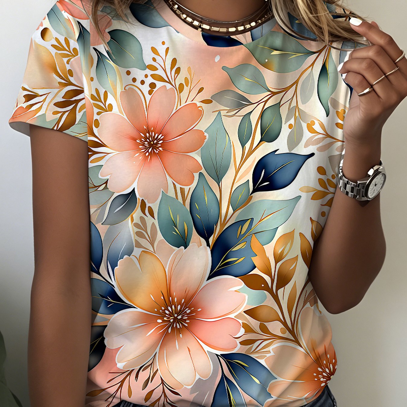 TEMU Women's Watercolor Floral Short Sleeve T-shirt, Casual , Pink Flower And Green Leaves Pattern Short Sleeve Top, Breathable Summer Tee