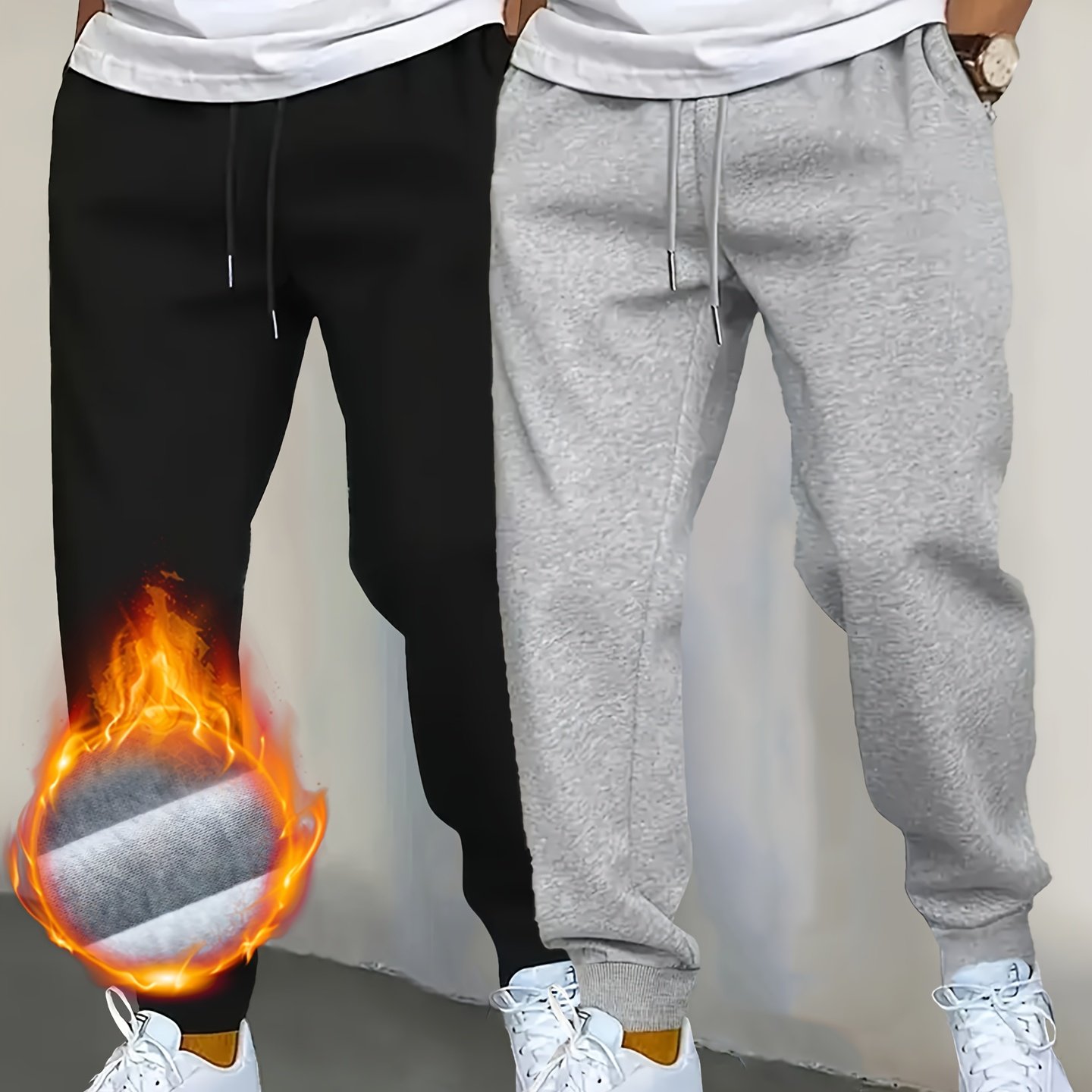 TEMU 2pcs Jogger Pants, Men's Long Pants For Autumn/winter, Thickened Outdoor Casual Drawstring Joggers For Sports And Leisure