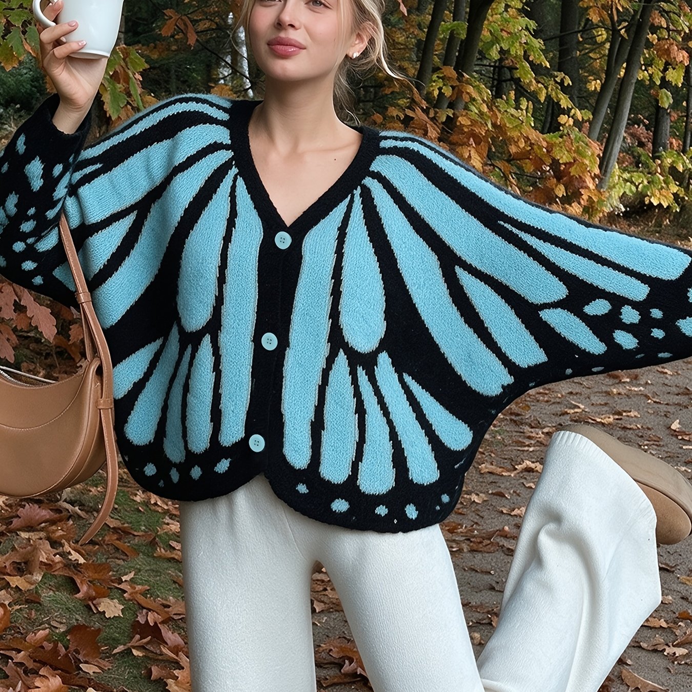 TEMU Women's With Butterflies Wing Pattern V Neck Long Sleeve Cardigan Sweater Button Front Casual Top For Spring And Fall