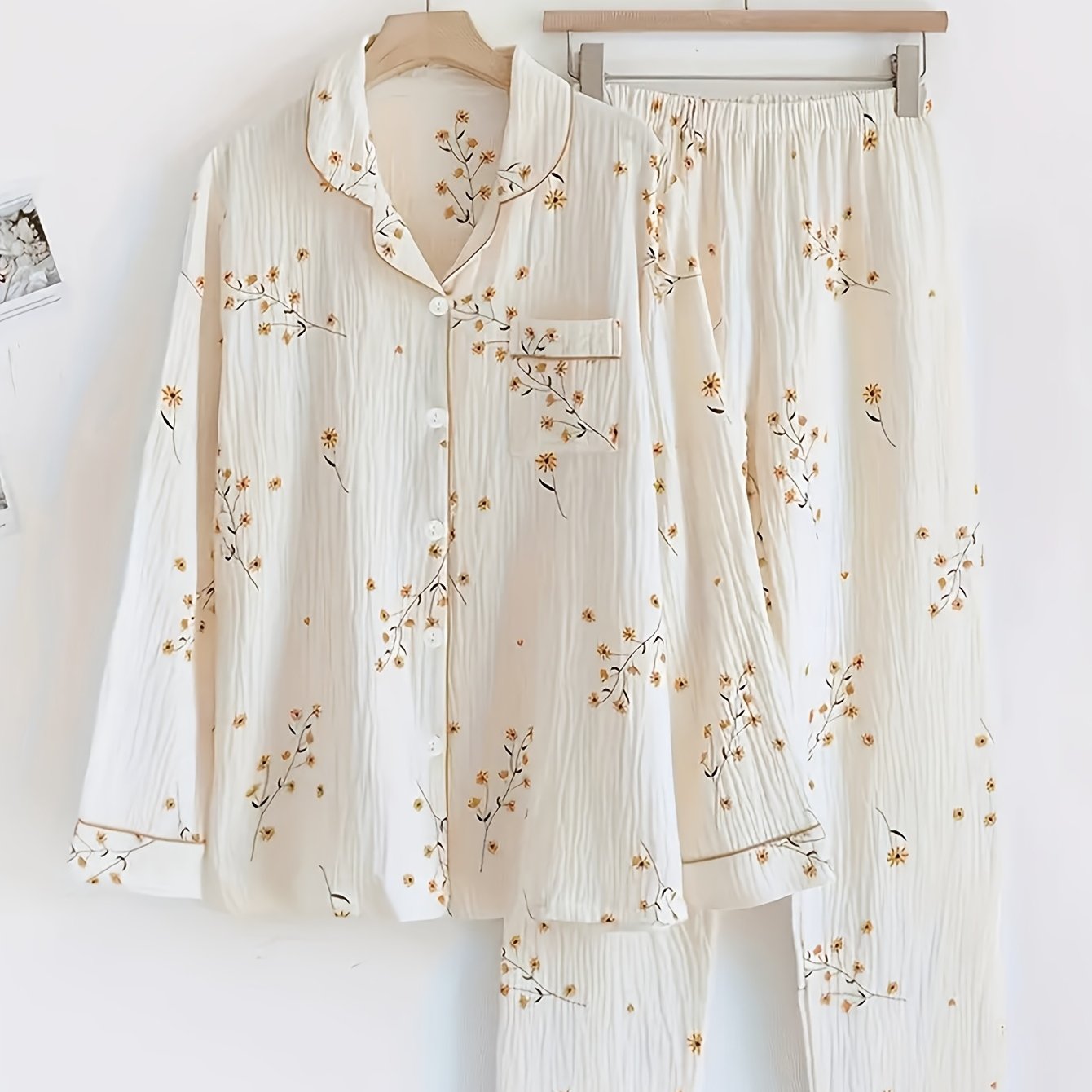 E-shop Blumenmuster Pyjama-Set, Langarm-Knopfbluse und Hose, Damen Casual Schlafanzug und Loungewear