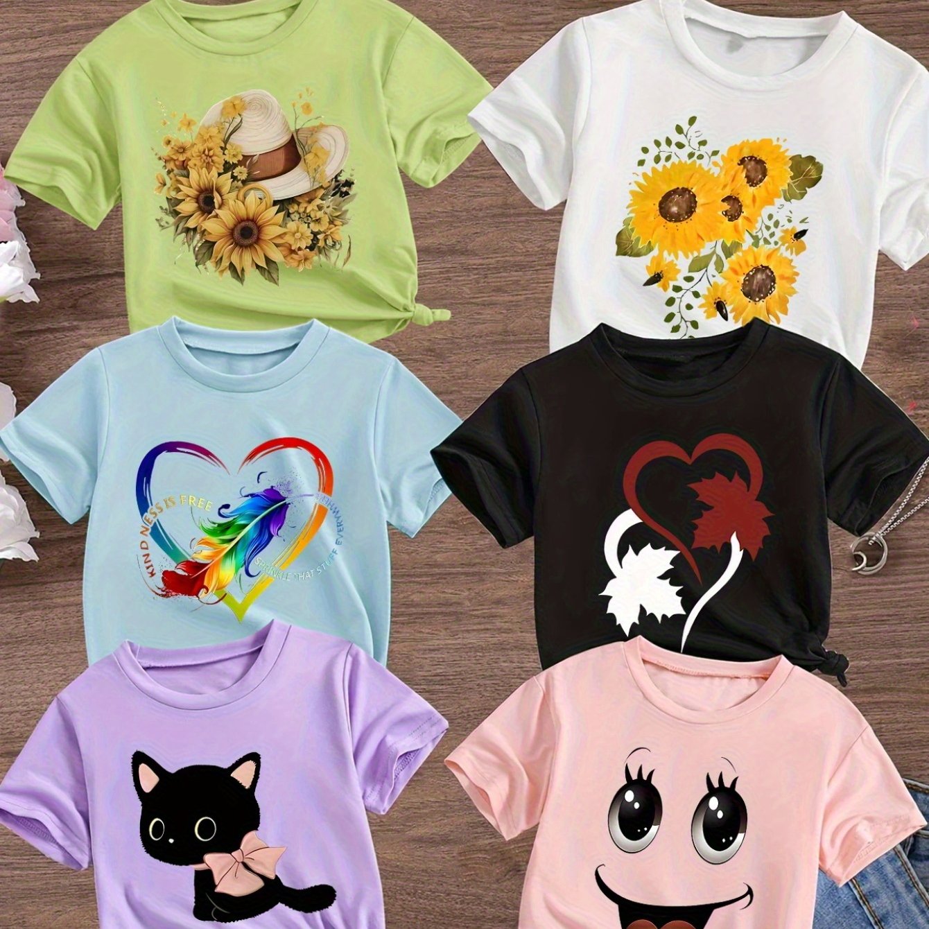TEMU 6 Colors 1pc T-shirt New Cartoon Print Short Sleeved 100% Cotton 1pc T-shirt Comfy Casual Tees For Girls