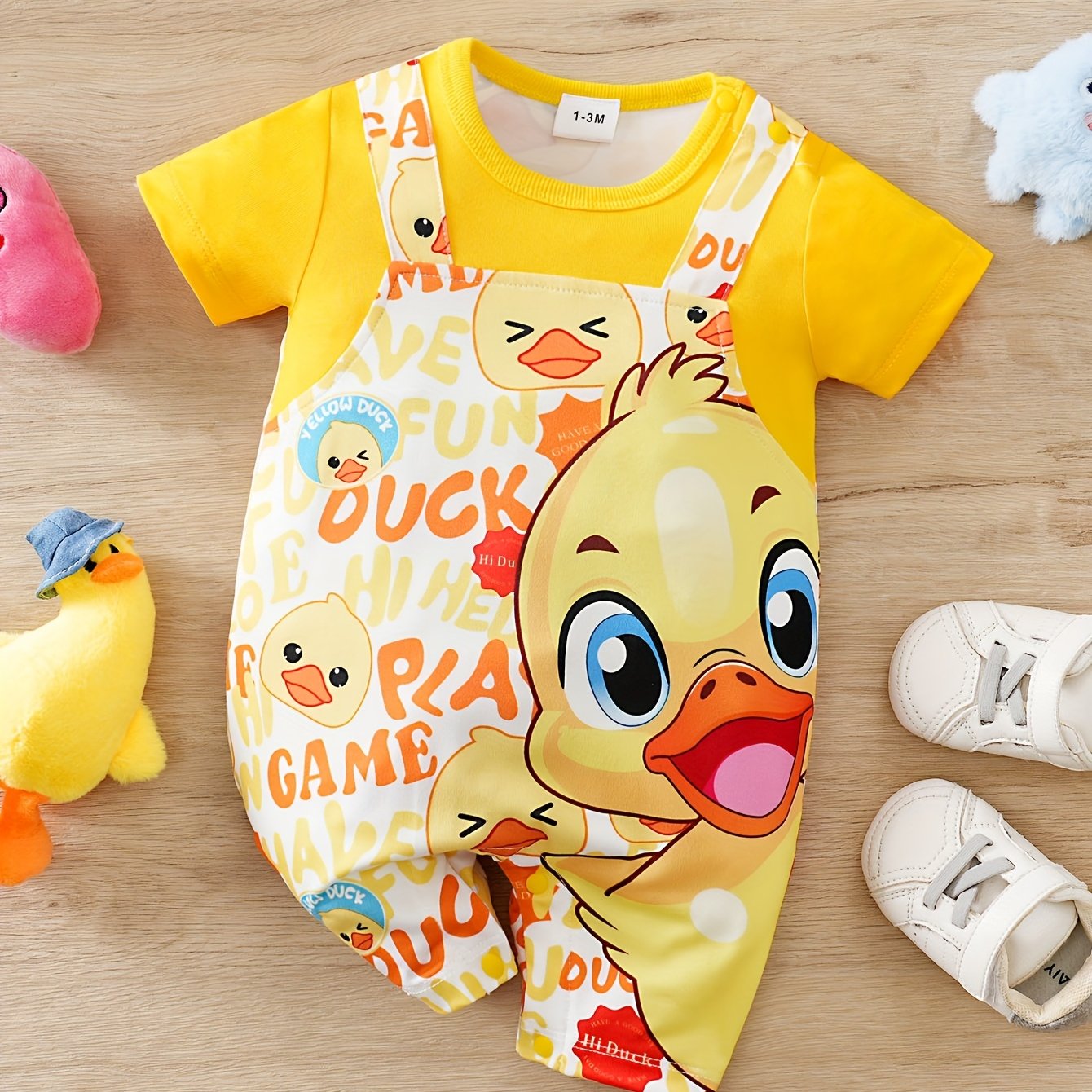 Image of Full Print Cartoon Duck Summer Short Sleeve Suspender Round Neck Baby Bodysuit, For Outdoor