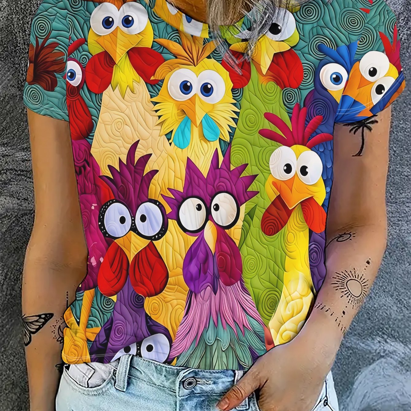 TEMU Camiseta de manga corta para mujer con un de pollos de dibujos animados coloridos con diversas , con un estampado. de, esta camiseta de cuello