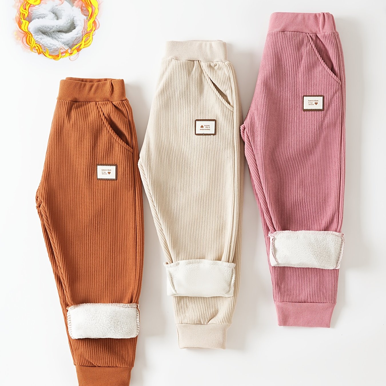 Image of Girls' 3-piece Corduroy Thermal Pants, Fleece-lined , Casual, Comfortable, And Stylish Autumn/winter Outerwear, Outdoor Sports Trousers, Multi-piece Set