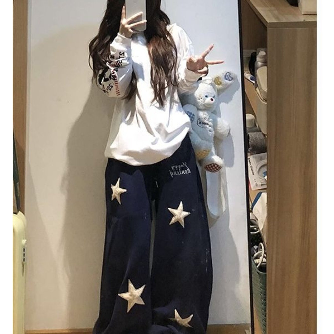 TEMU メンズ＆レディース レトロ ワイドレッグ スウェットパンツ - アメリカンスターパッチ刺繍入りストレートレッグパンツ、軽量 春夏 ジャズダンスパンツ カジュアルウェア・ダンス練習用 手洗い可 無地
