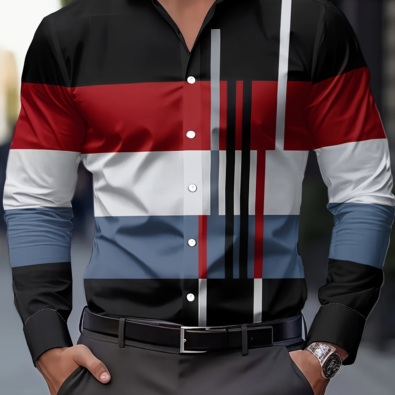 TEMU Men's Fashion Print Shirt, Spring/autumn Casual Breathable Turn- Collar Button-up Long Sleeve Shirt