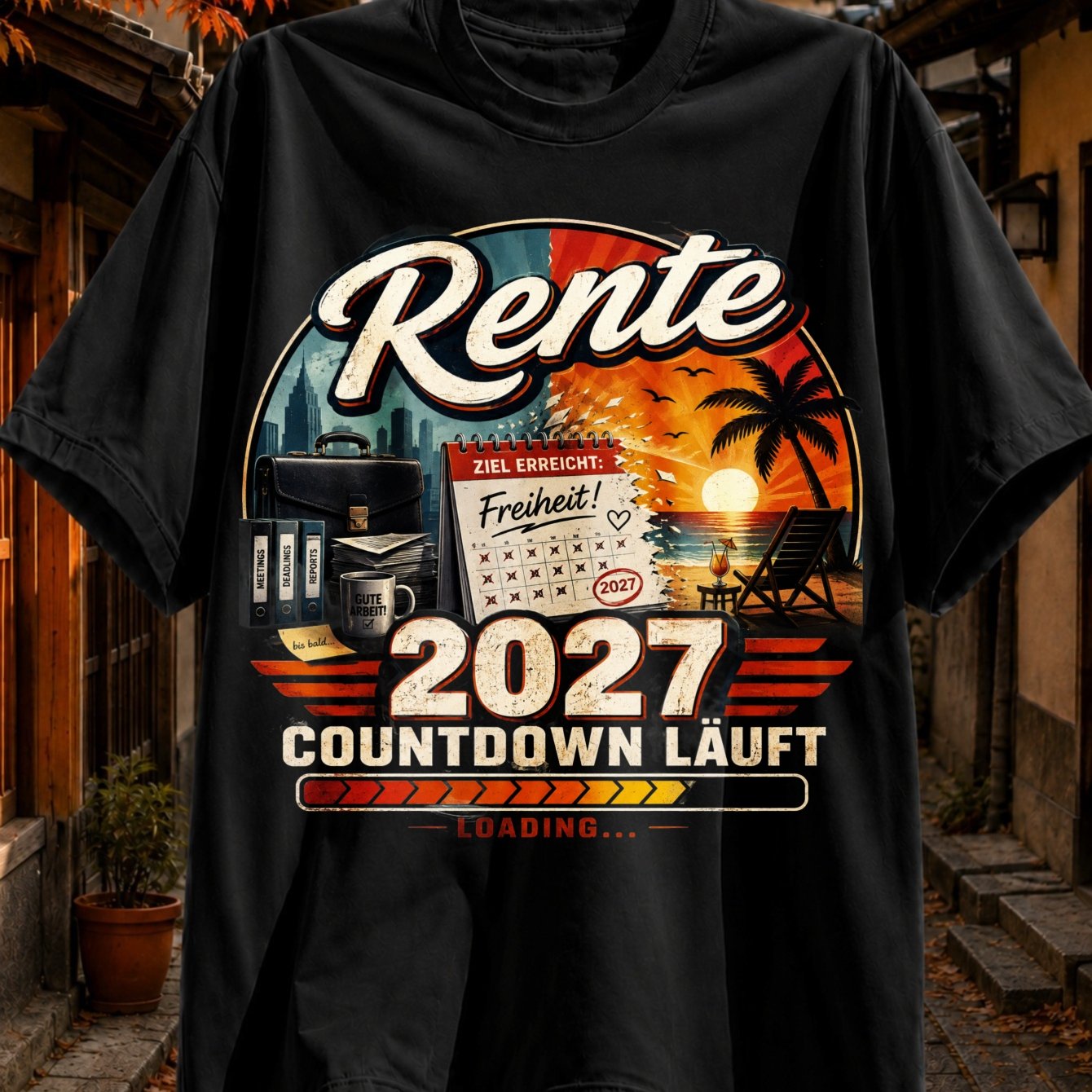 Image of Rente 2027 Countdown Running Loading Graphic With Calendar City Scene And German Retirement Theme Unisex All T-shirt