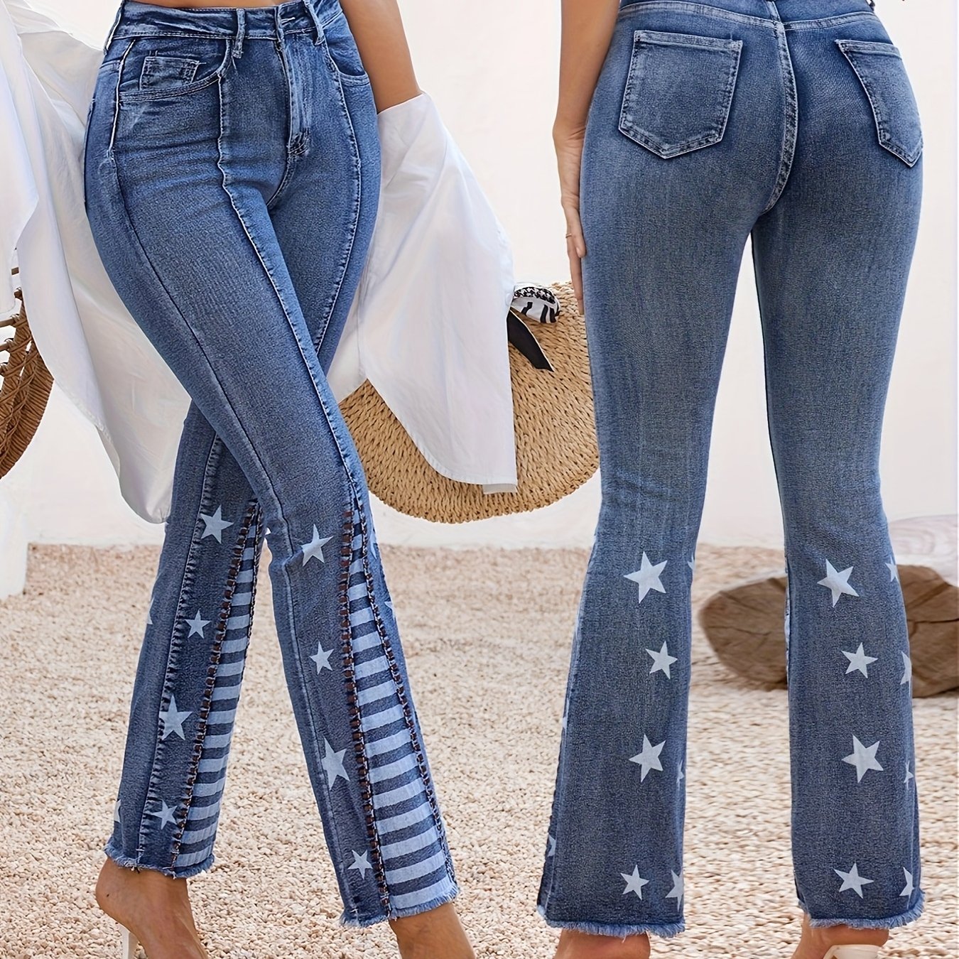 Image of Women's Flared Jeans With Pattern At The Cuffs, Showcasing A Vintage Look And Stylish Contrasting Color . Jeans Are Designed To Be Flattering And Enhance Of The , Making Them Perfect For Casual Wear