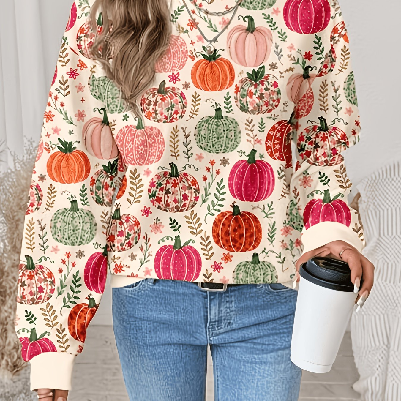 TEMU Sweat-shirt à col rond pour femmes, beige avec imprimé floral coloré de feuilles de citrouille, haut décontracté ample à manches longues pour ,
