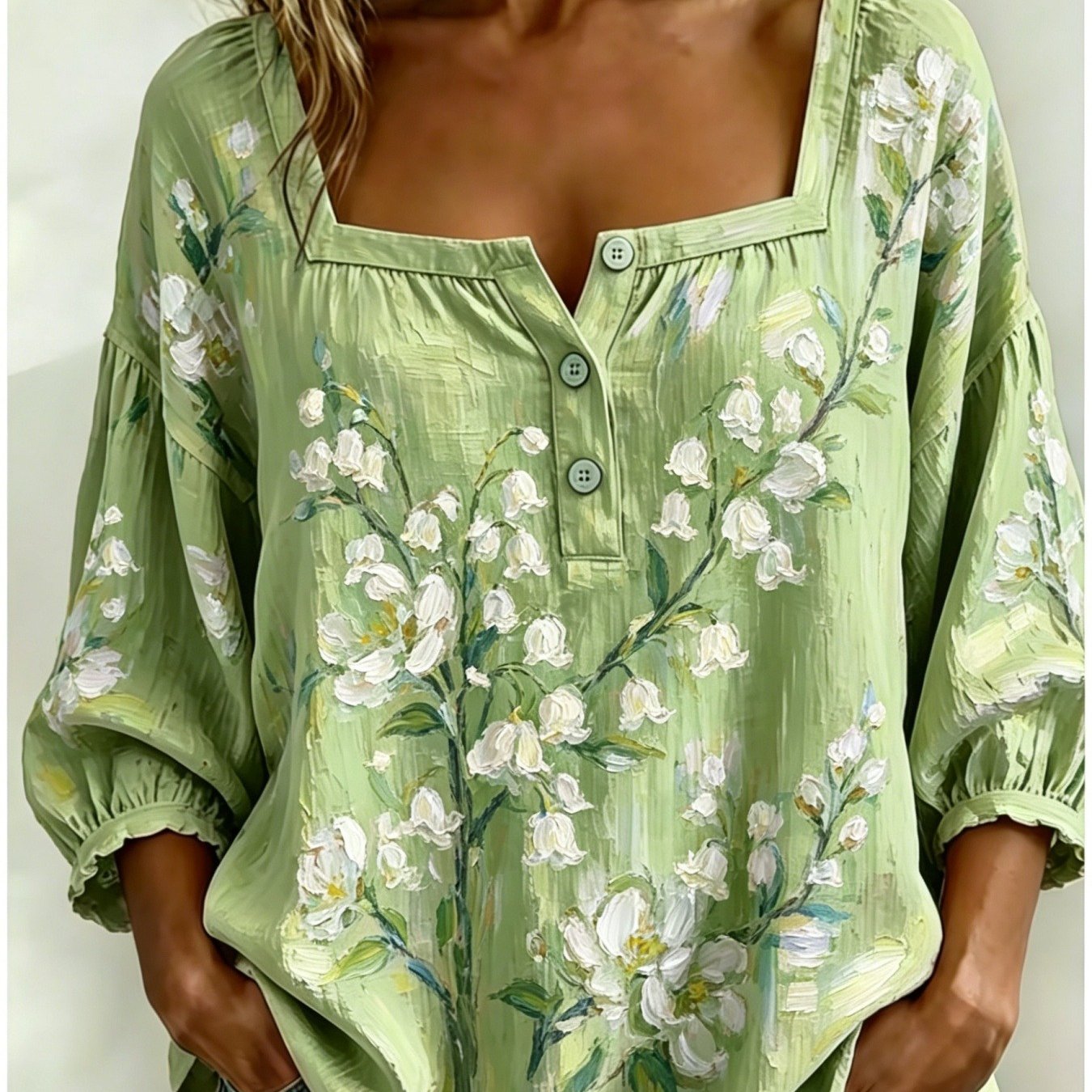 Plus Size - Plus Size - 2d Flat Printing Plus Size Oil Painting Floral Neck 3 Button Short Sleeved Shirt