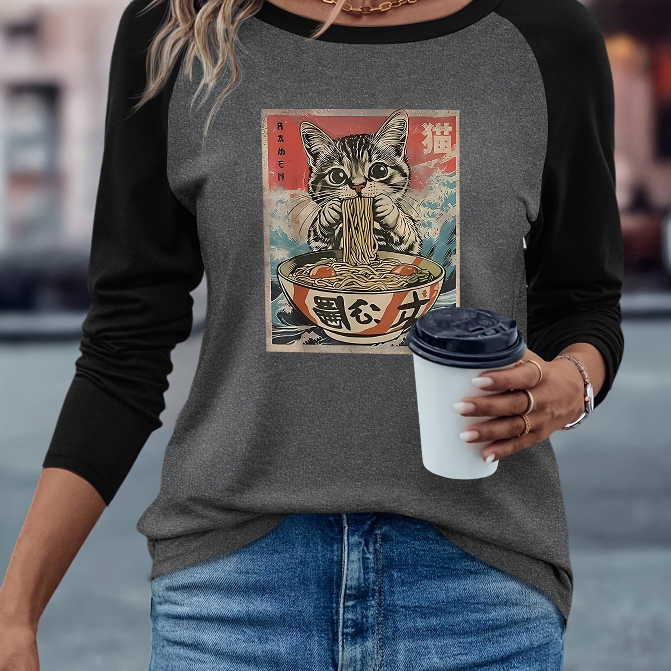 TEMU Women's Retro Anime Cat Eating Ramen Graphic Raglan Long Sleeve T-shirt - Color Block Casual Top With Japanese-, Fabric, Machine Washable For