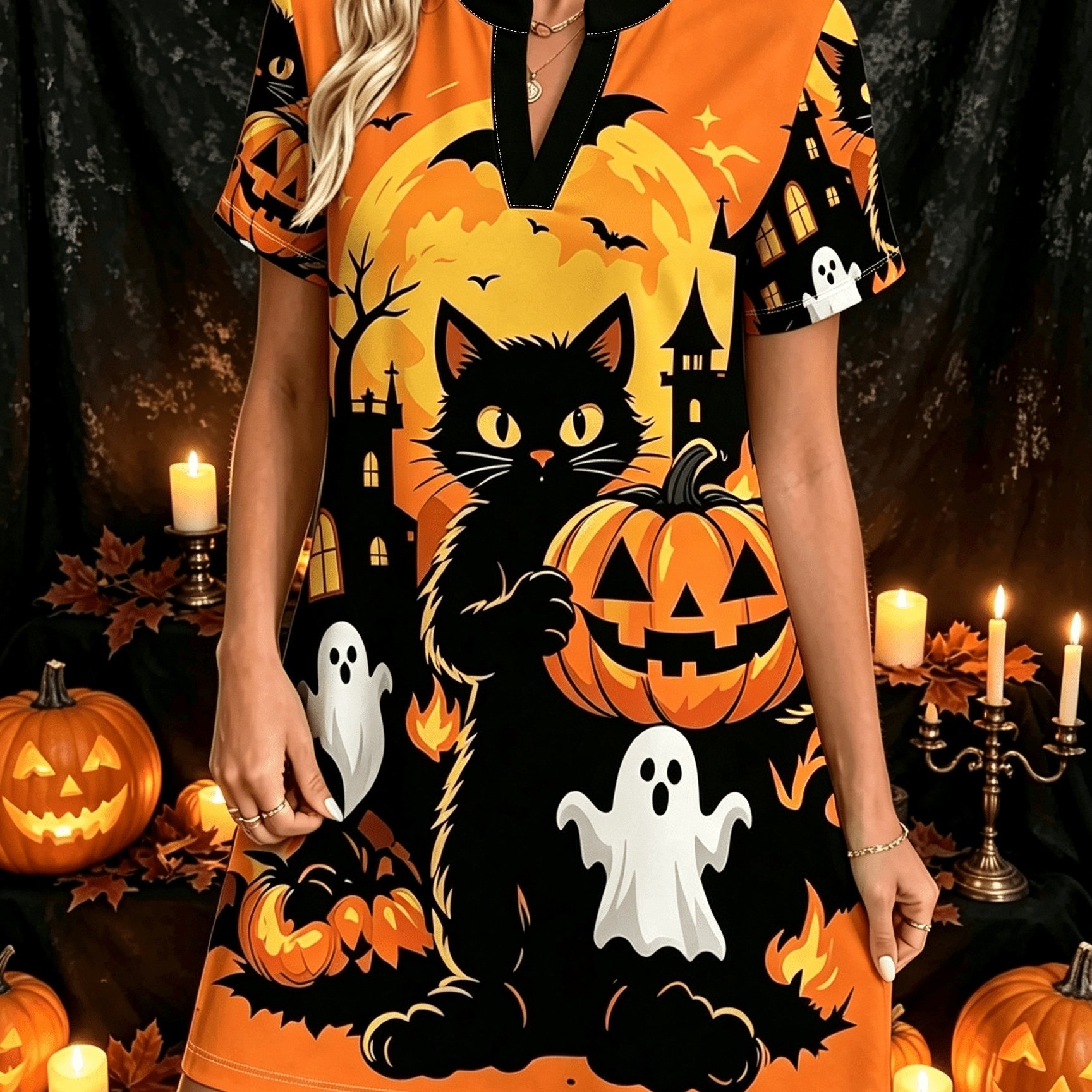 TEMU New European And Women's Fashion Casual Dress, Spring/summer Pumpkin Haunted Castle Night Dress, Daily Casual Comfortable Dress, Trendy And