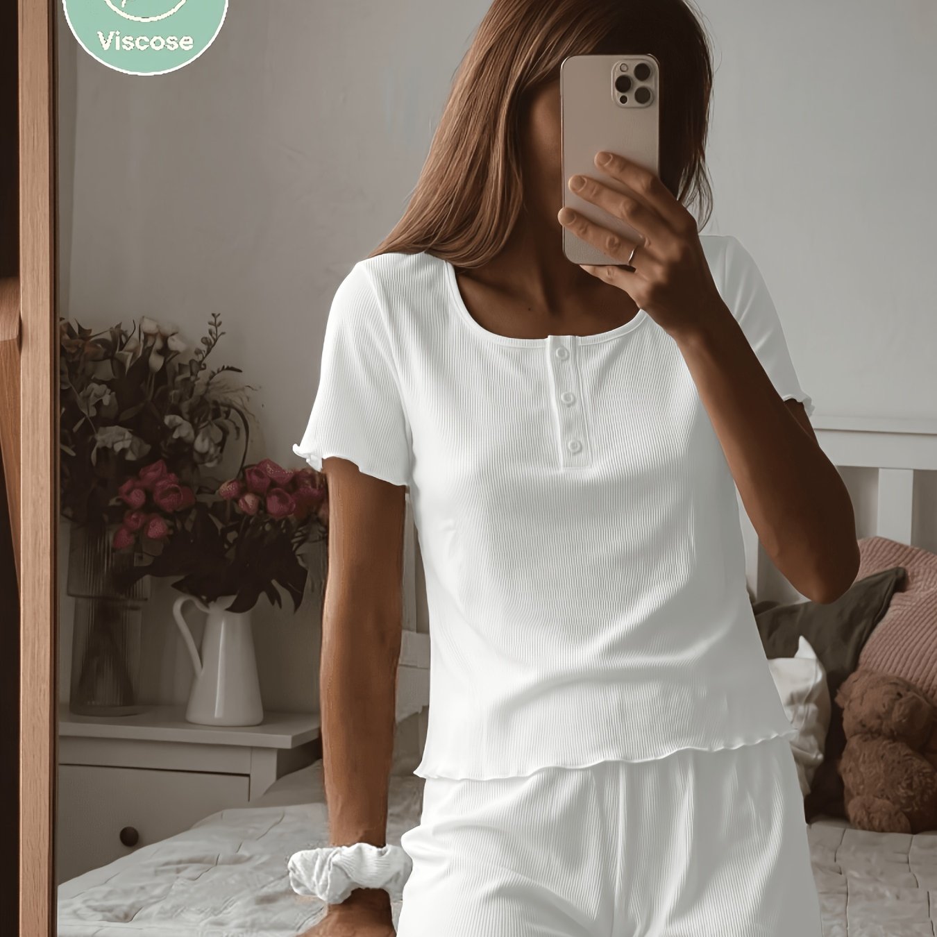 E-shop Damen Pyjama Set, bequemer einfarbiger Nackenbereich mit offener Knopfleiste, Kurzarm + Shorts + Haargummi, Homewear Set