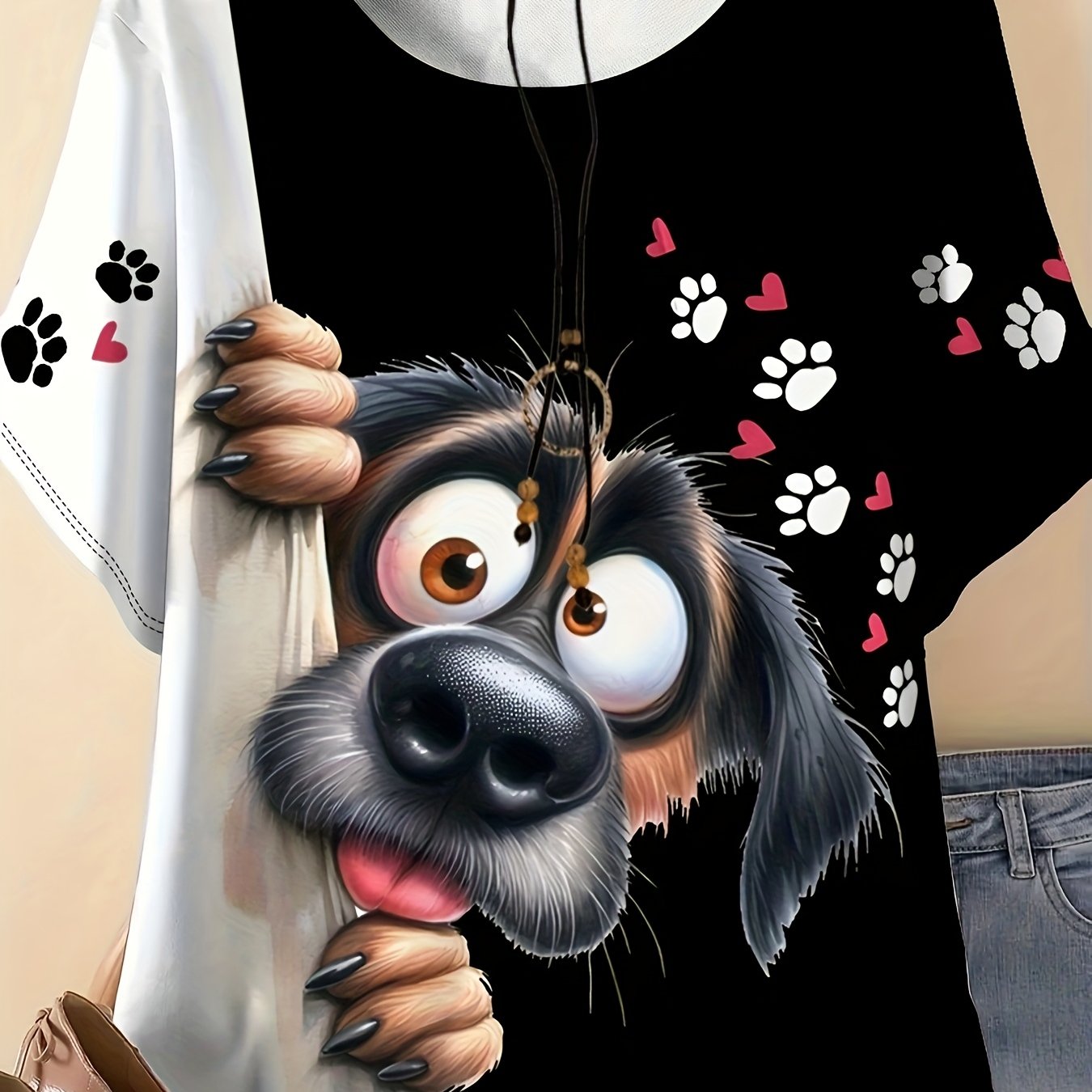 TEMU Plus Size, Elegant Plus-size Women's T-shirt With Printed Dog Pattern - Black, Comfortable Summer Top For Casual Wear, Casual Top | Dog Print |
