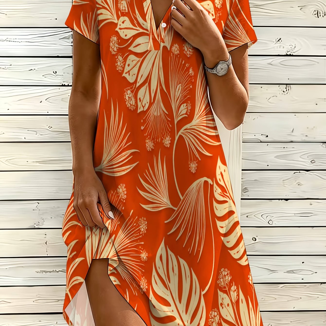 TEMU Women's Fashion Shirt Dress, V-neck Button Dress, Tropical Plant Print