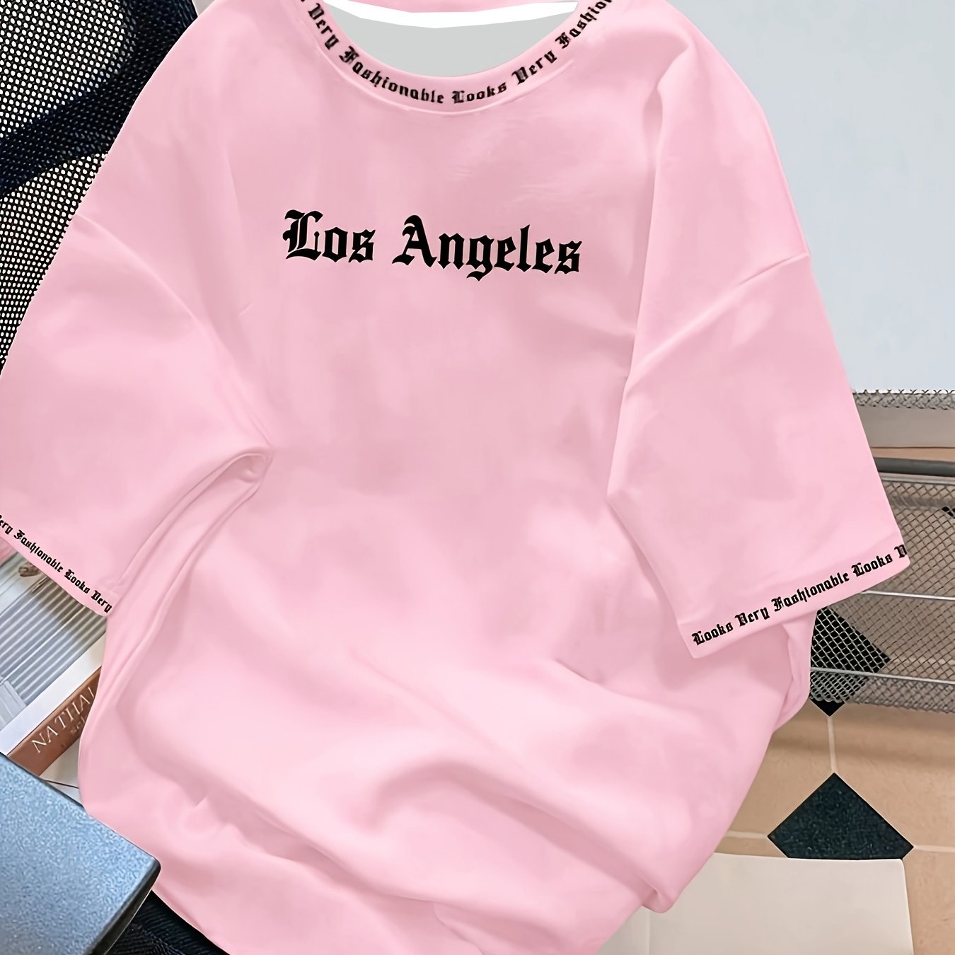 TEMU Cos Men's Casual T-shirt Featuring A Large Los Angeles Print, Made Of Machine-washable Polyester, With A Regular Fit Short-sleeve Round Neck
