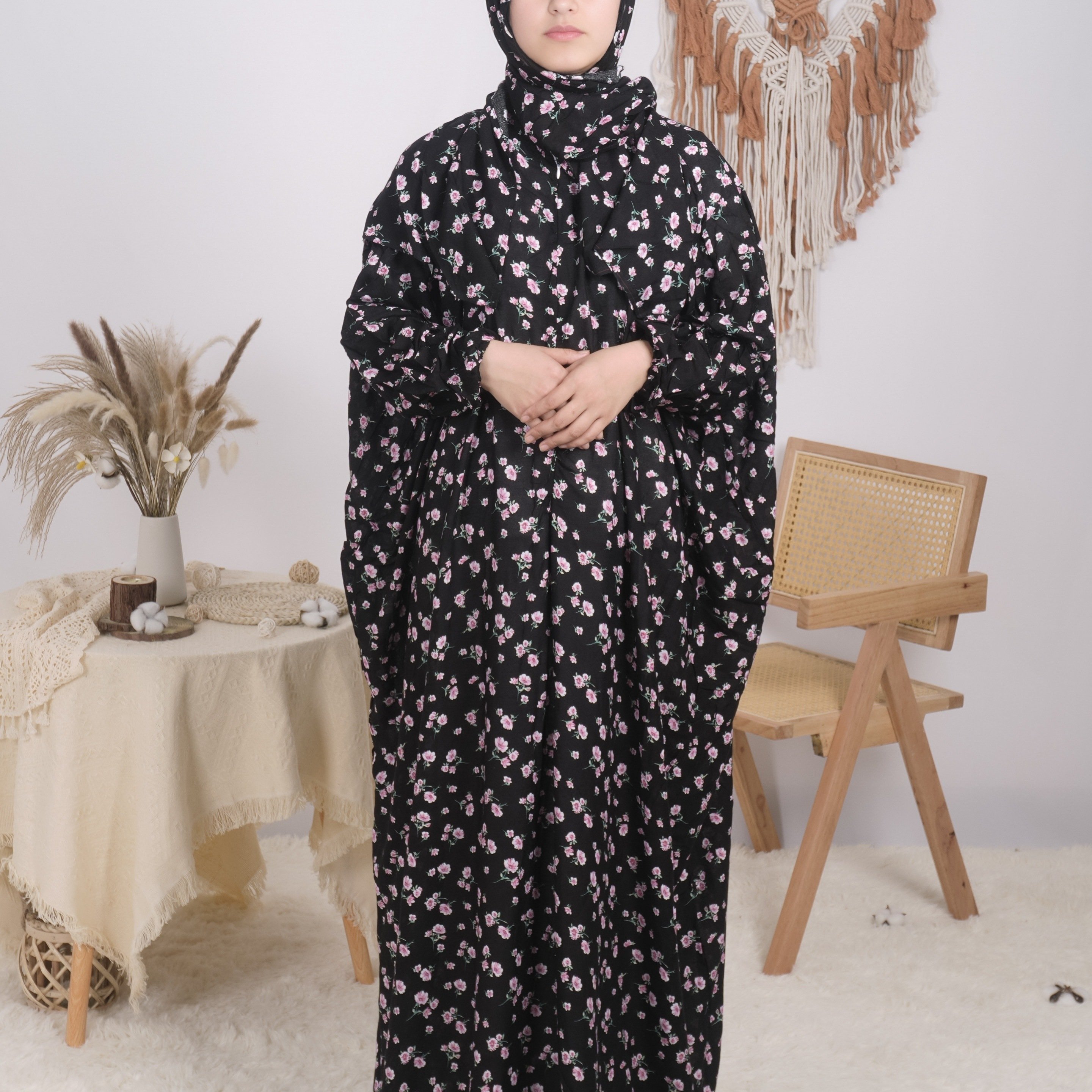 Image of Plus Size - Plus Size - Plus Size Women's Floral Print Dress, Kaftan Elegant Long Dress Abaya
