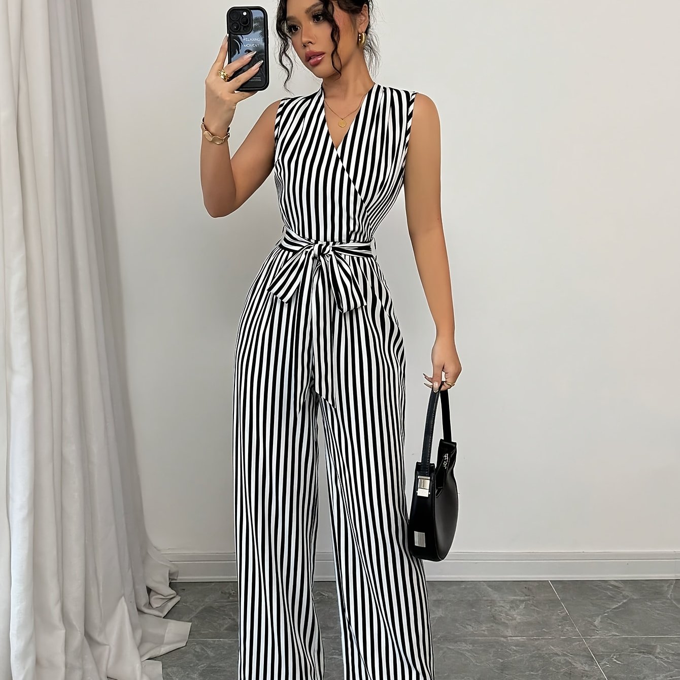 TEMU Striped V-neck Sleeveless Jumpsuit
