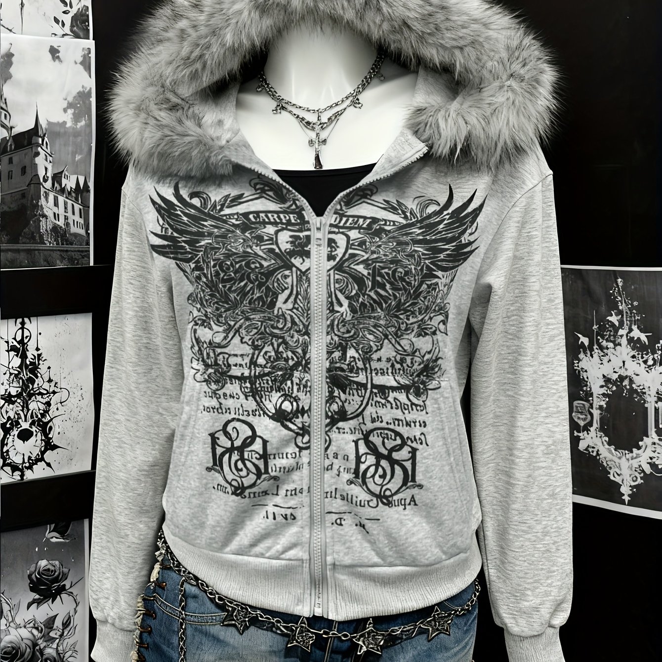 TEMU Gothic Style Street Zipper Women's Hoodie, Autumn Winter Retro Letter Wing Print Women's Collared Zipper Sweatshirt Harajuku Jacket