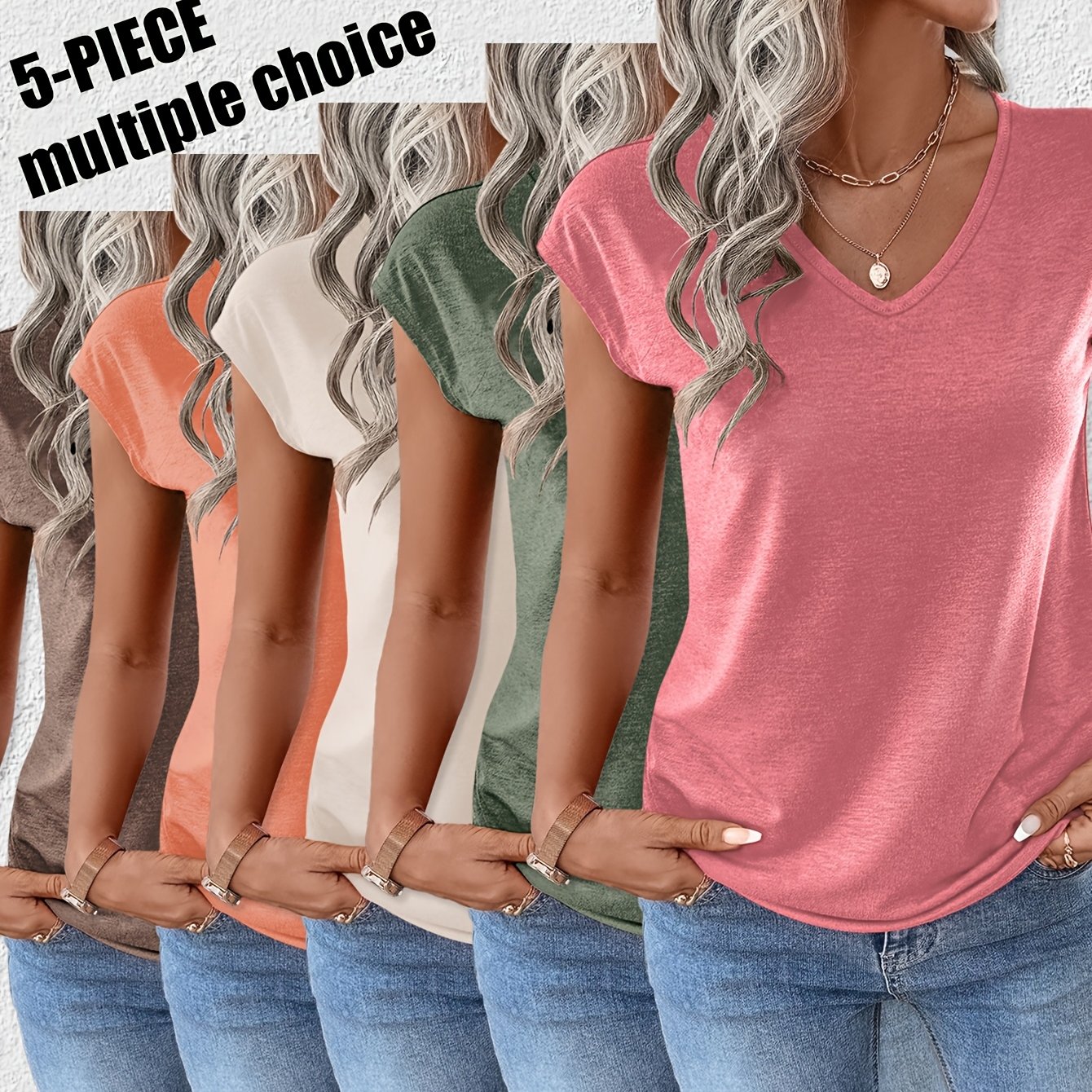 TEMU 5-pack - Summer New Casual Fashion Solid Sleeve V-neck T-shirt 5pcss Set A45 5pcss Set