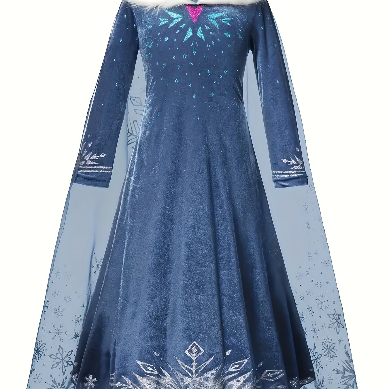 Image of Girls' Geometric Pattern Faux Fur Collar Snowflake Long Sleeve Dress Autumn Winter Halloween Carnival Birthday Party Princess Dress