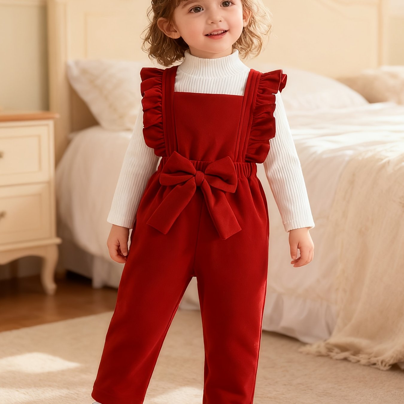 Image of Stylish Outerwear For Infants And Toddlers, Comfortable And Warm Top, One-piece Lace Suspender Trousers Set, For Outdoor